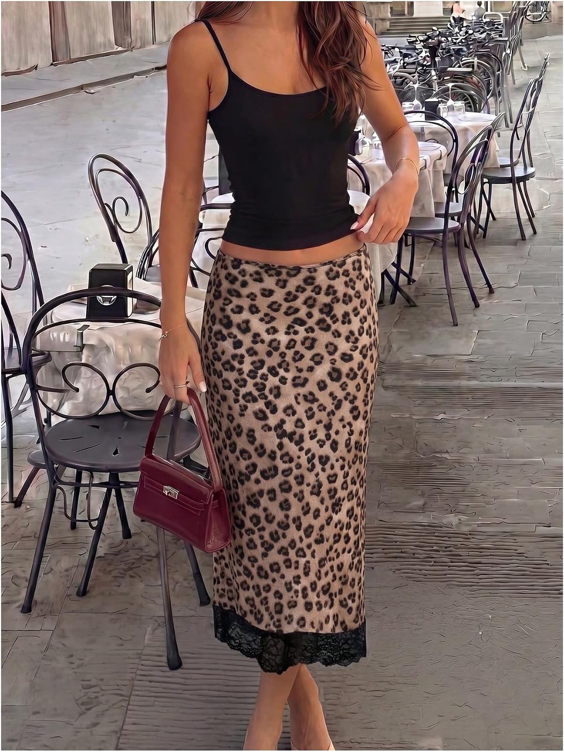 Floerns Women's Leopard Satin Midi Skirt Low Waist Lace Trim Bodycon Skirt