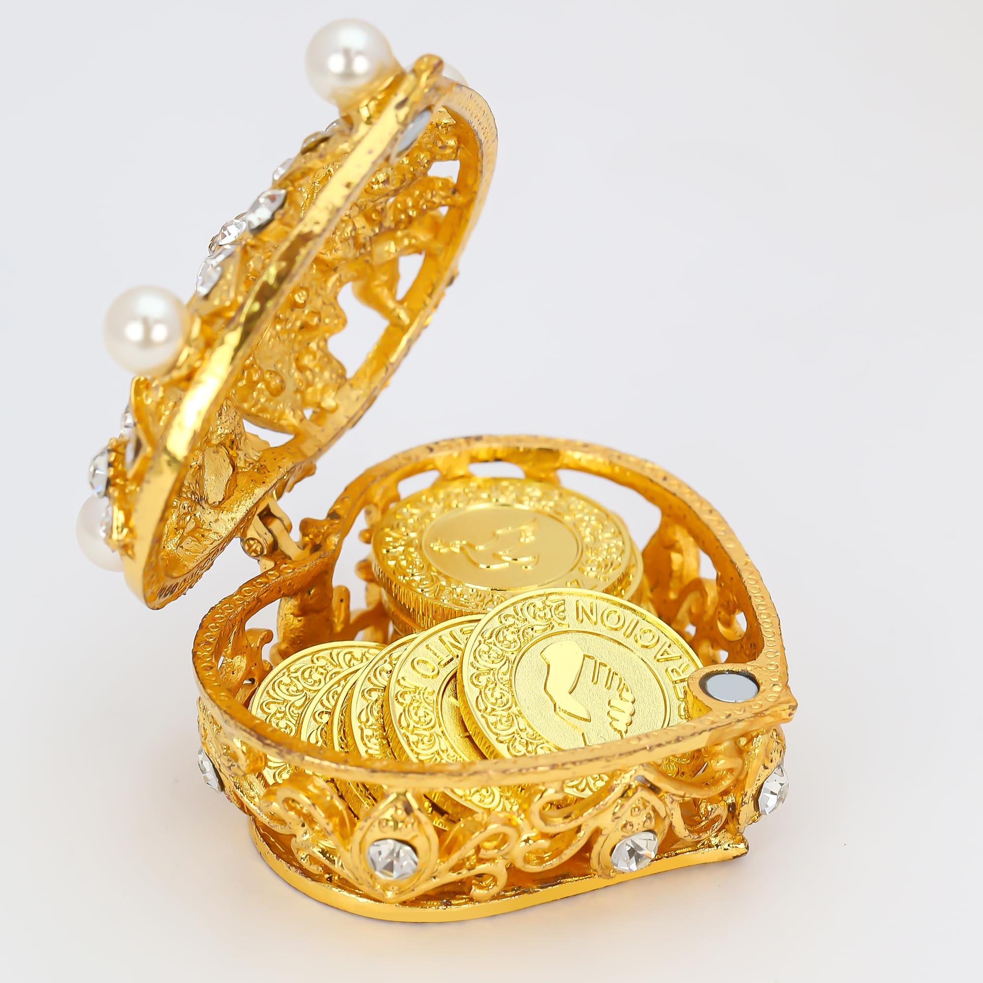 TINGKU Arras de Boda plata española boda Arras monedas en perla y corazón de cristal joyero unidad monedas conjunto (Gold)