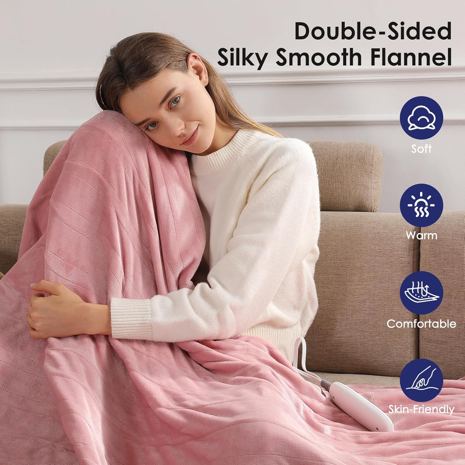 Electric Blanket Queen Size Heated Blanket 90''X84'' - Fleece Heating Blankets Washable with 5 Heating Level & 10 Hour Auto Off Dual Control Heated Blankets Pink for Winter, Great Gift Ideas - Image 3