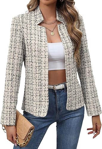 MINTLIMIT Womens Tweed Blazer Long Sleeve Notched Collar Plaid Jackets Casual Open Front Cardigan Work Office Blazers Jacket