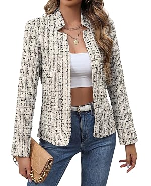 MINTLIMIT Womens Tweed Blazer Long Sleeve Notched Collar Plaid Jackets Casual Open Front Cardigan Work Office Blazers Jacket