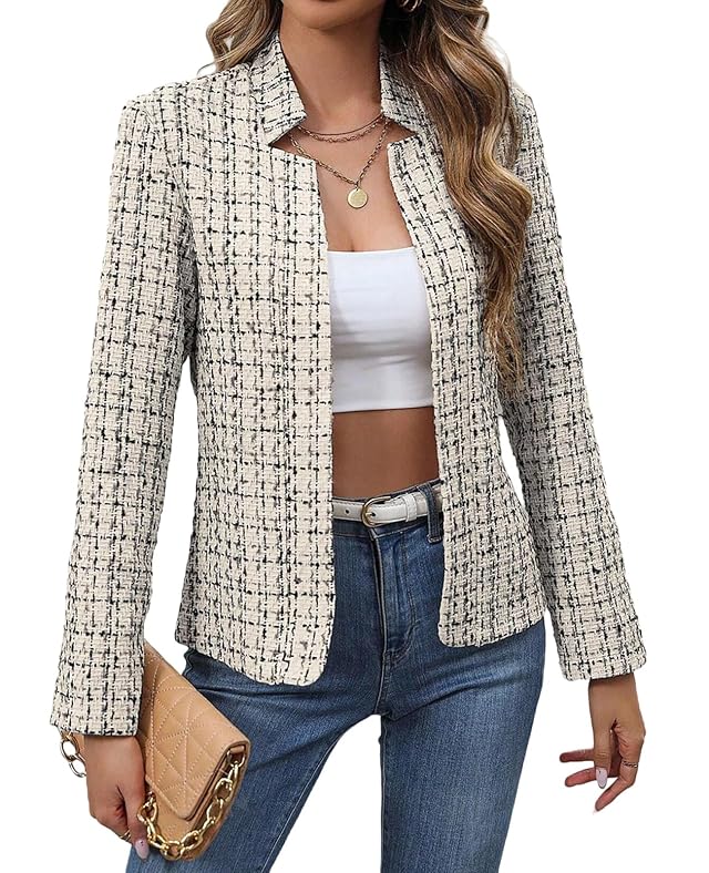 MINTLIMIT Womens Tweed Blazer Long Sleeve Notched Collar Plaid Jackets Casual Open Front Cardigan Work Office Blazers Jacket