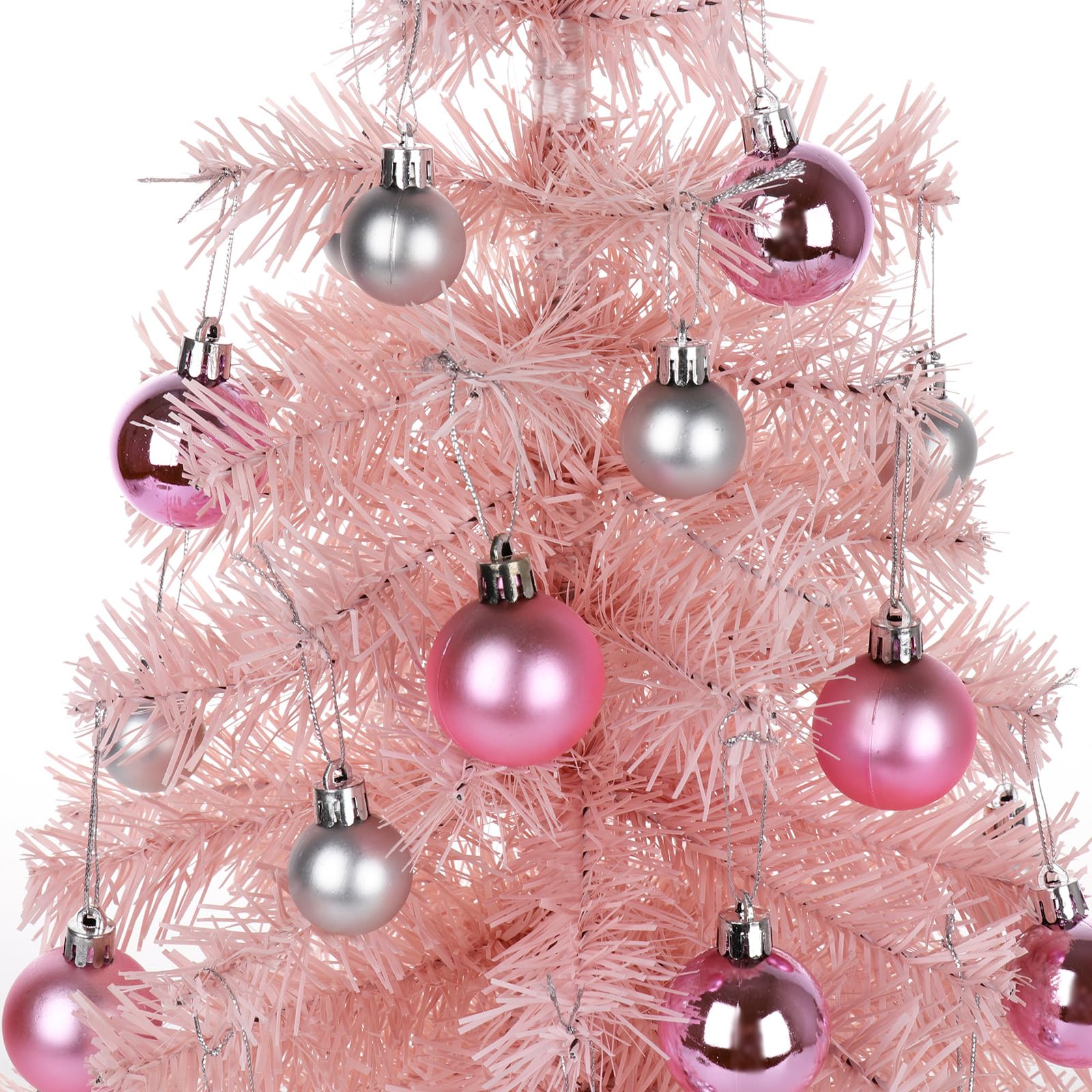 Belupai Decorazione per Albero di Natale da Tavolo da 17,7 Pollici, Mini Albero di Pino Artificiale Preilluminato con Palle di Natale Rosa e Fiocco, Piccolo Albero di Natale da Scrivania per(Rosa