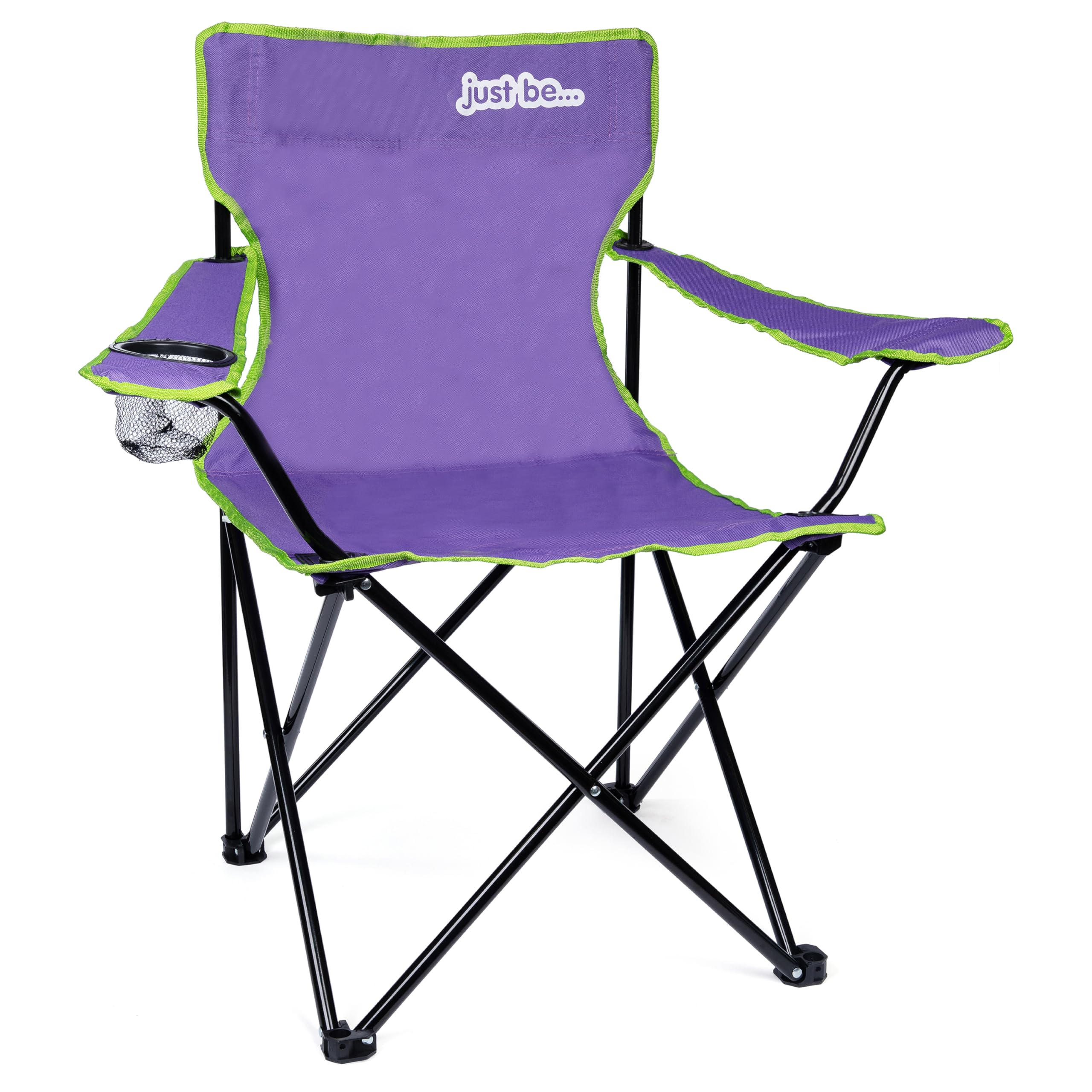 just be... Camping Chair – Lightweight, Foldable & Portable Outdoor Seat with Armrests, Cup Holder & Carry Bag | For Adults & Kids | Garden, Beach, BBQ & Fishing – Purple with Green Trim — image 1