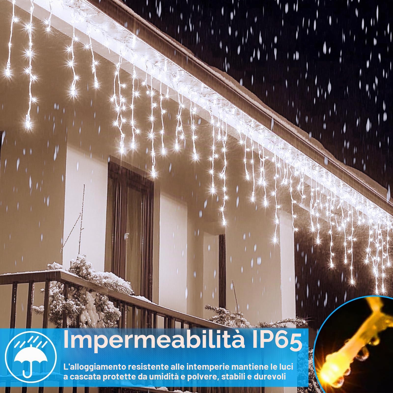 Solari Tenda Luminosa Esterno [15m + 5m], 506LEDs Luci Natale Esterno con 2500mAh Pannello Solare,Collegabili,8 Modalità,Luminosità Regolabile,IP65 Luci Natale Esterno Cascata (Bianco)