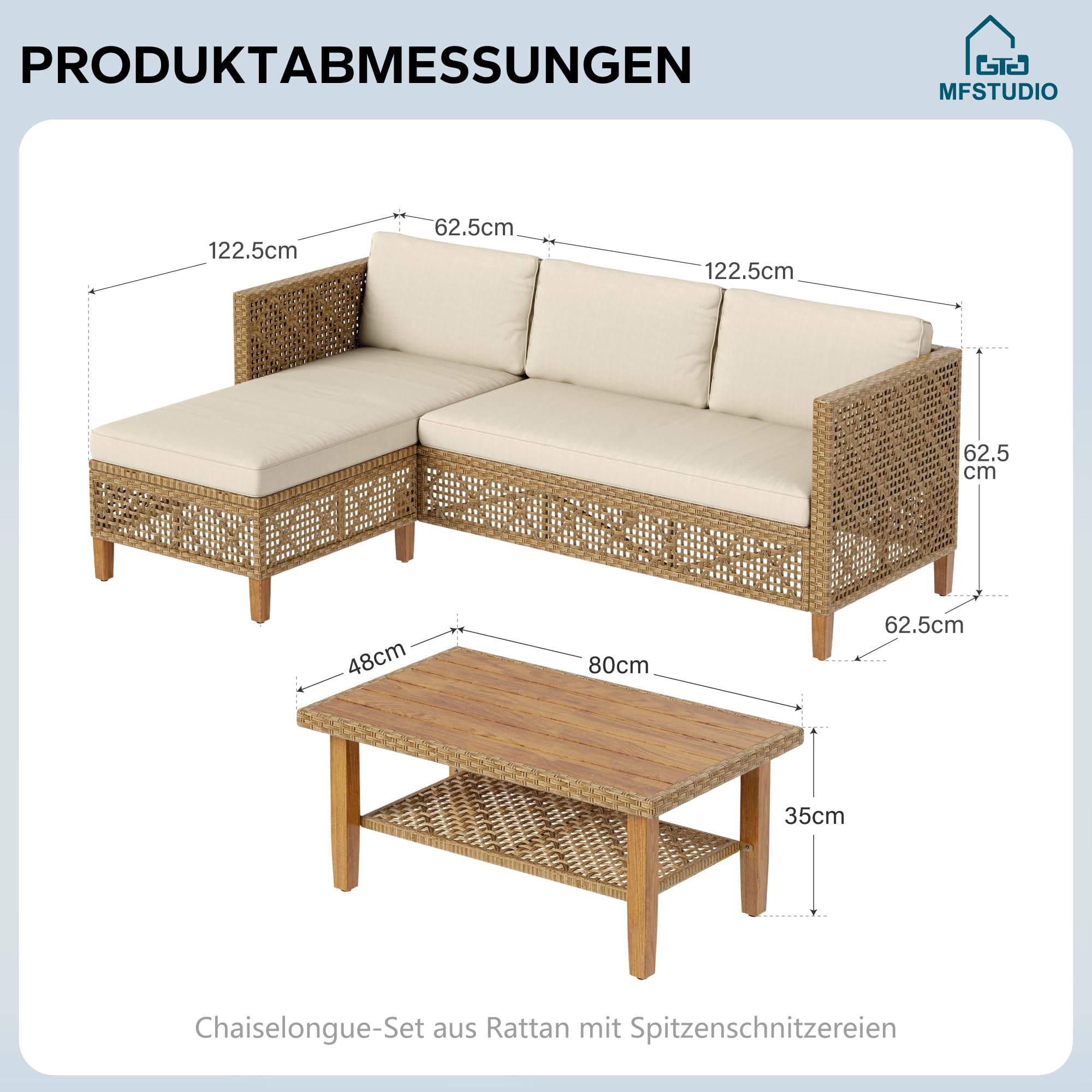 MFSTUDIO 5-teiliges Rattan Gartenmöbel Set mit Outdoor-Couchtisch, Wicker Lounge Corner Sofa Set, Doppel-Couchtisch für zusätzlichen Stauraum, mehrere Querbalken
