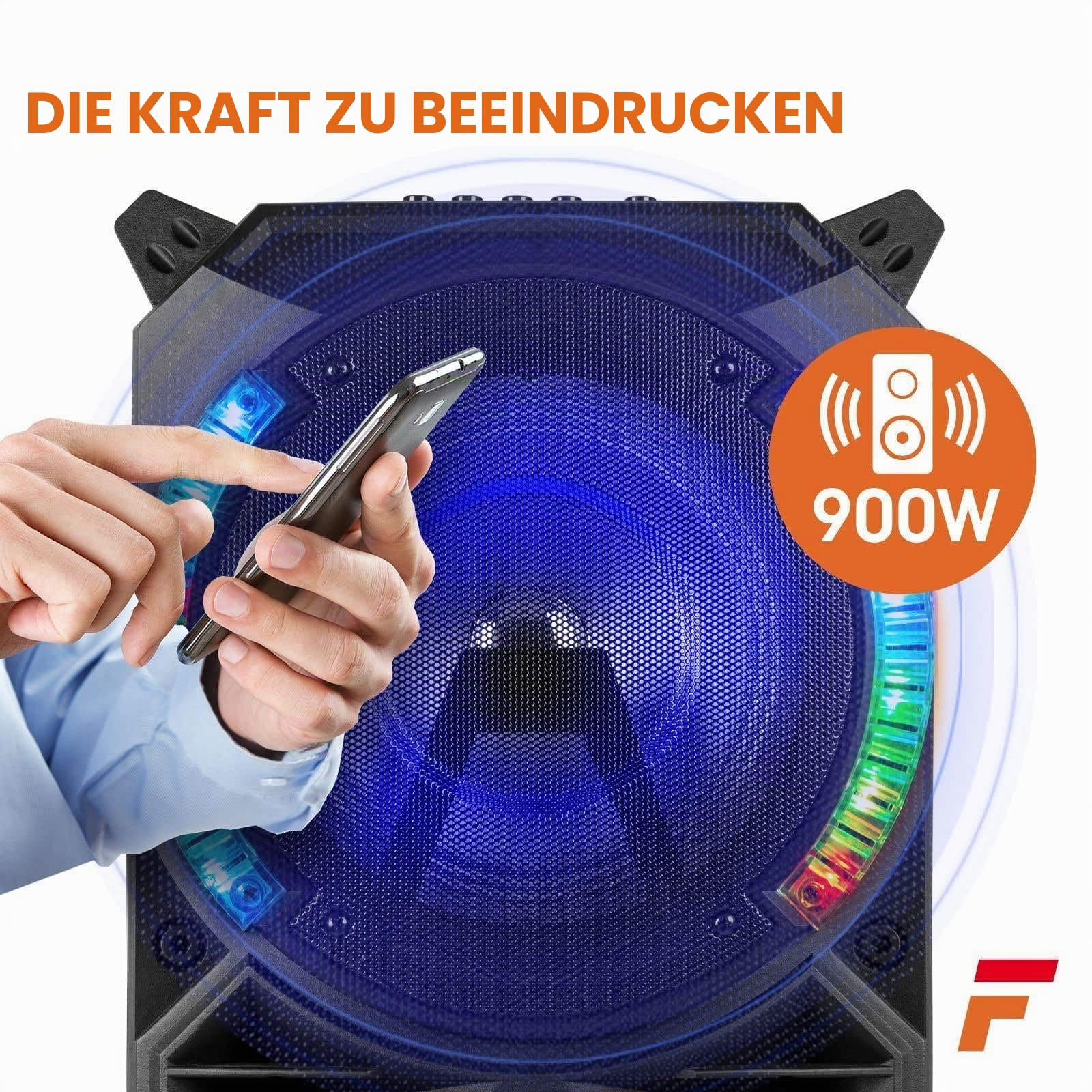 Fenton LIVE280 Karaoke Anlage mit 2 Mikrofonen, Akku - 900W, LED Partybox Bluetooth Lautsprecher Groß, Musikbox Groß, Mobiler Party Lautsprecher, Karaoke Maschine, MP3 - USB - SD - Schwarz