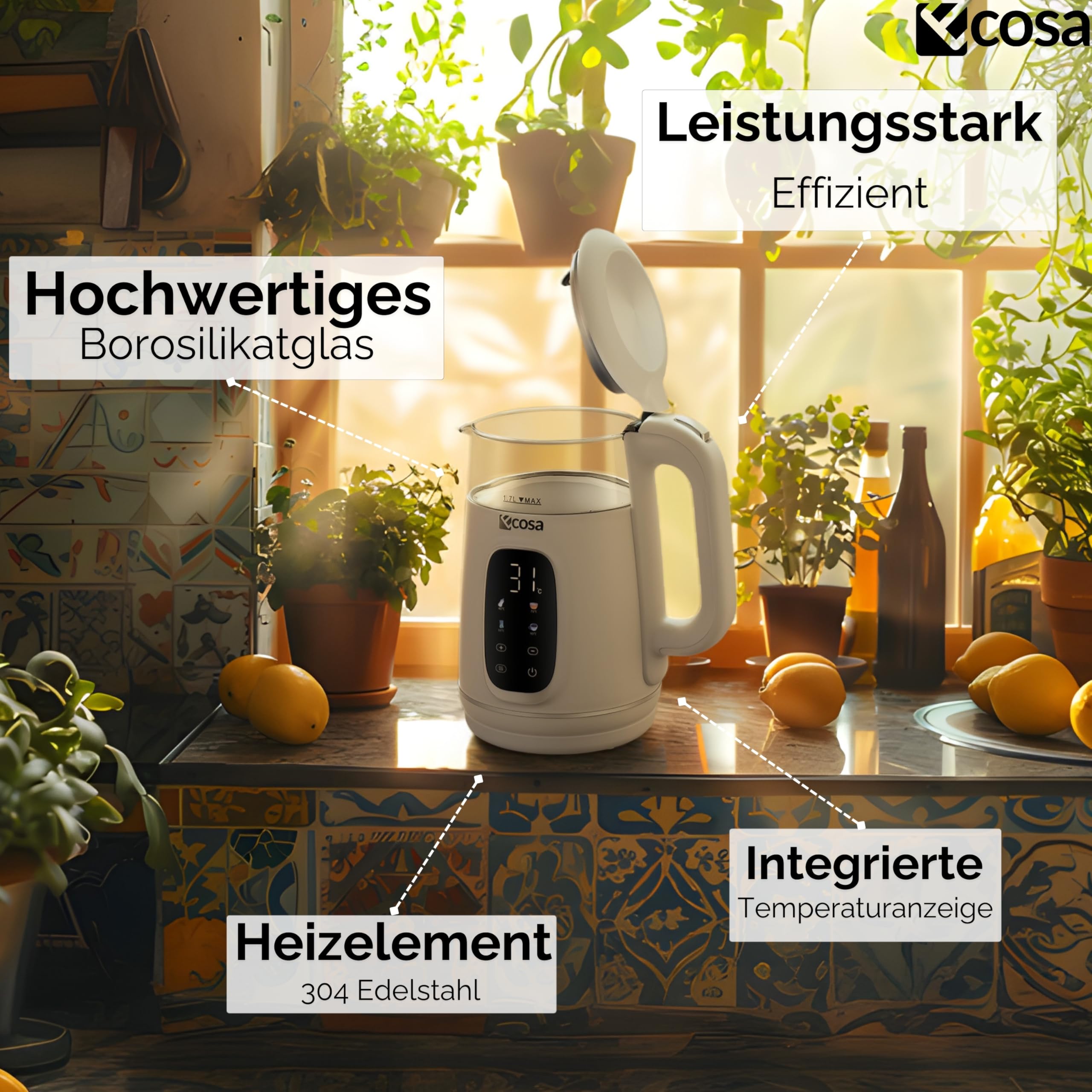 Ecosa Czajnik elektryczny z regulacją temperatury, szkło, stal szlachetna, zaparzacz do herbaty, 1,7 l, 2200 W, bez BPA, z wyborem temperatury 40°C – 100 °C – funkcja utrzymania ciepła LED (Woldo