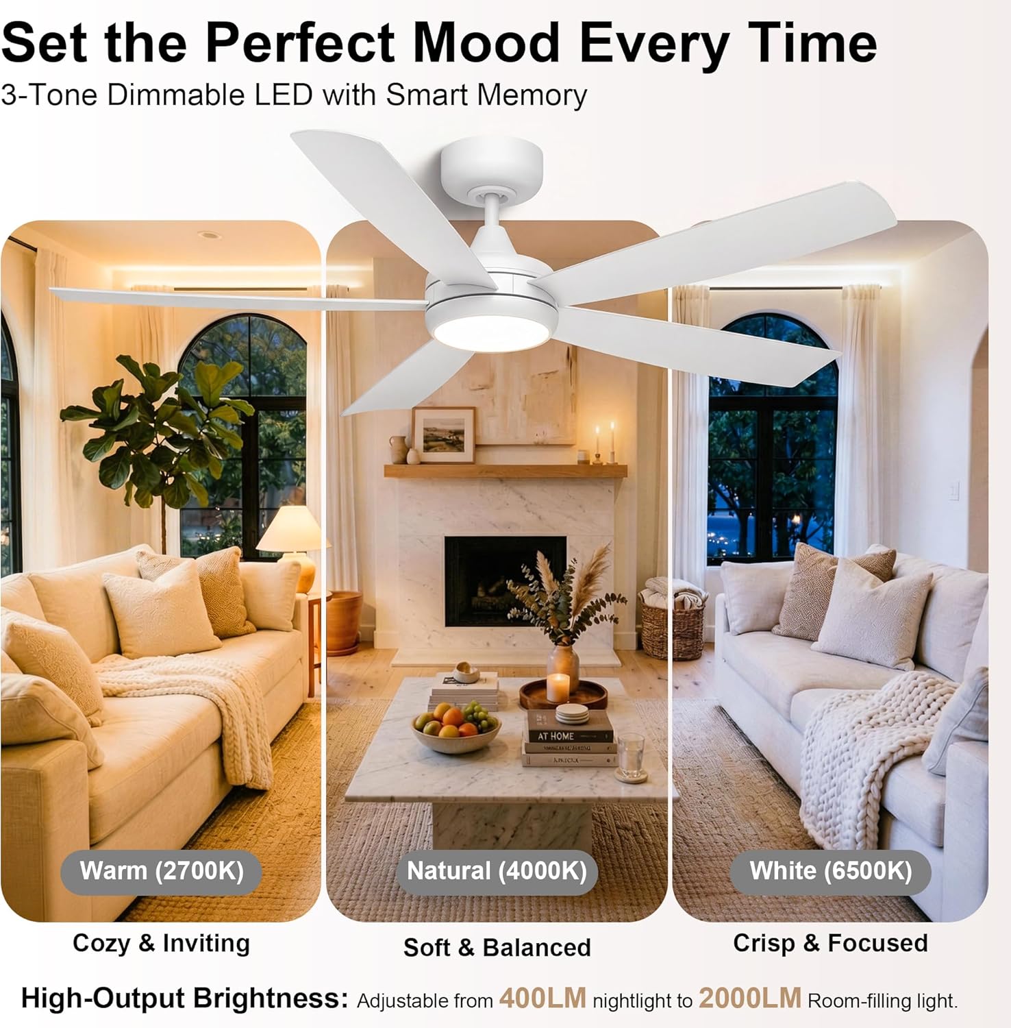 GREENEVER 52 Inch Smart Ceiling Fan with Light APP & Remote Control, Quiet Reversible DC Motor, 3CCT Dimmable Memory LED, Modern Ceiling Fan with Downrods for Bedroom Living Room, White by GRANDJOY