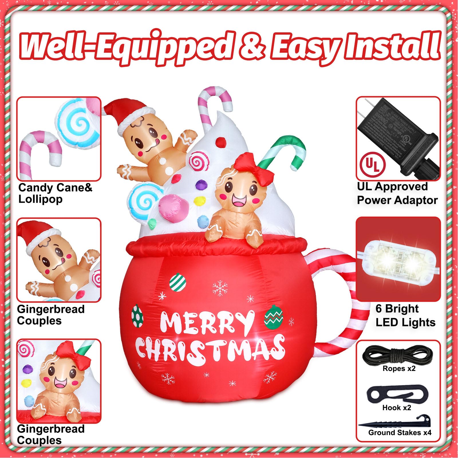 Gonfiabili di Natale Decorazioni Esterne 6ft Pan di Zenzero Gonfiabili Gonfiabili Pan di Zenzero per Vaso di Natale Caldo Cacao Candy Cane Decorazione Cortile