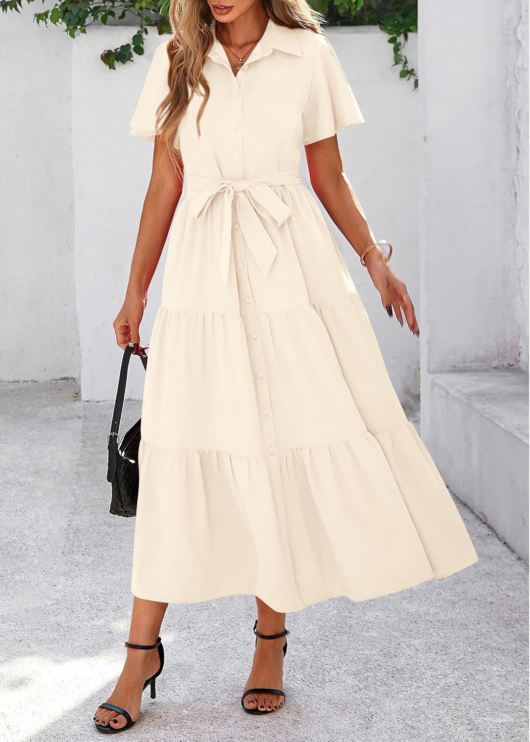 KIRUNDO Summer Button Down Wedding Guest Shirt Dresses for Women Maxi Flutter Short Sleeve Flowy Tiered Beach Sun Dress
