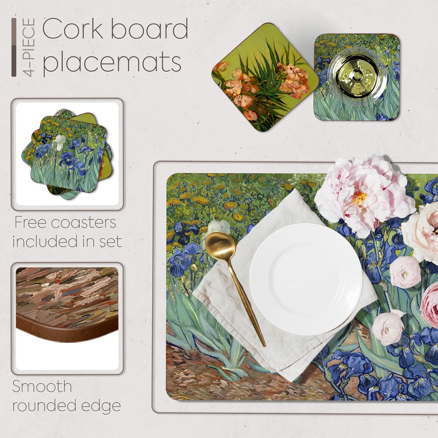 Set of 4 Heat Resistant Cork Placemats for Dining Table with Free Set of 4 Matching Drink Coasters Van Gogh Masterpieces Design 16 x 12 Inches Cork Backed Hard Placemats (Floral Van Gogh)