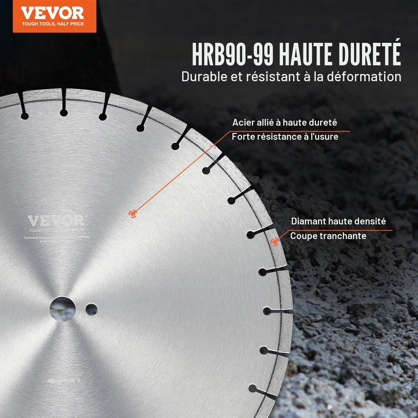 VEVOR Disque à Tronçonner Diamanté 450 mm, Disque Diamant Humide ou Sèche, Lame de Scie à Béton avec Dents Plates de 12 mm, Diamètre du Trou Central Universel 25,4 mm, pour Béton, Carrelage, Brique