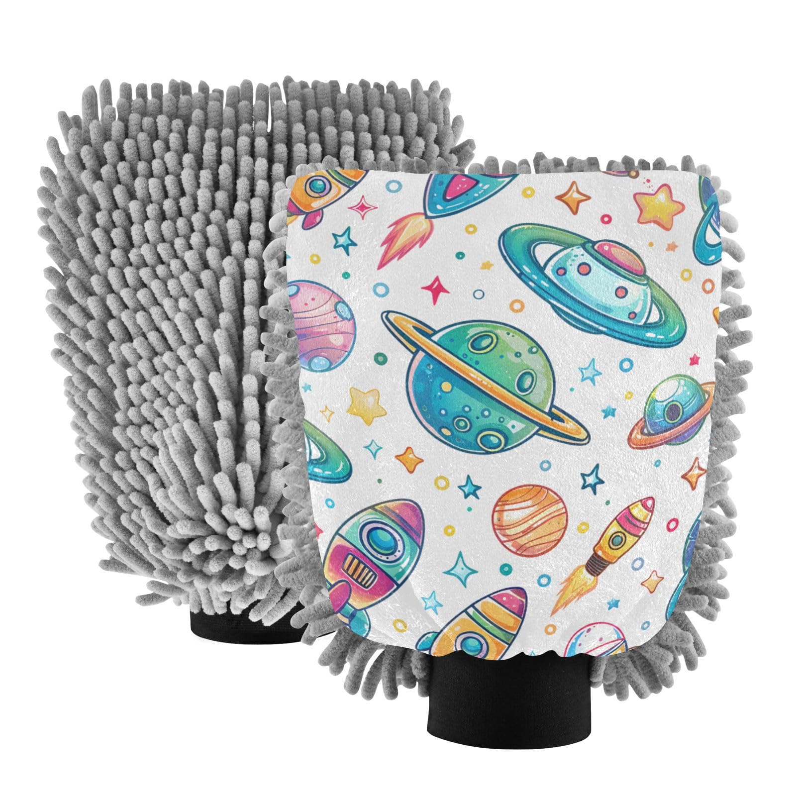 IOACIY Absorbent Microfiber Car Wash Drying Mitts, 2 Pack, Scratch-Free & Lint-Free, Rich Foam, Highly Absorbent, Double Sided, Wash Mitt Perfect for Car Washing, M, Universe Starry Sky Rocket (1)