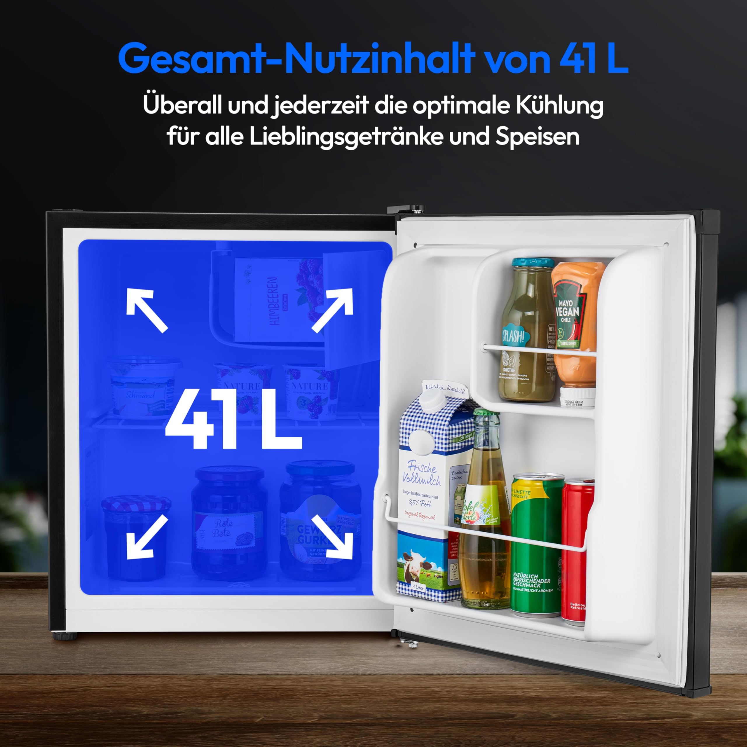 MEDION mini Kühlschrank mit Gefrierfach (klein, leise, 41L kleiner Kühlschrank für Büro Hotels Minibar Camping Gaming, Getränkekühlschrank, Speisen & Eis, Türanschlag wechselbar, MD37724) grau