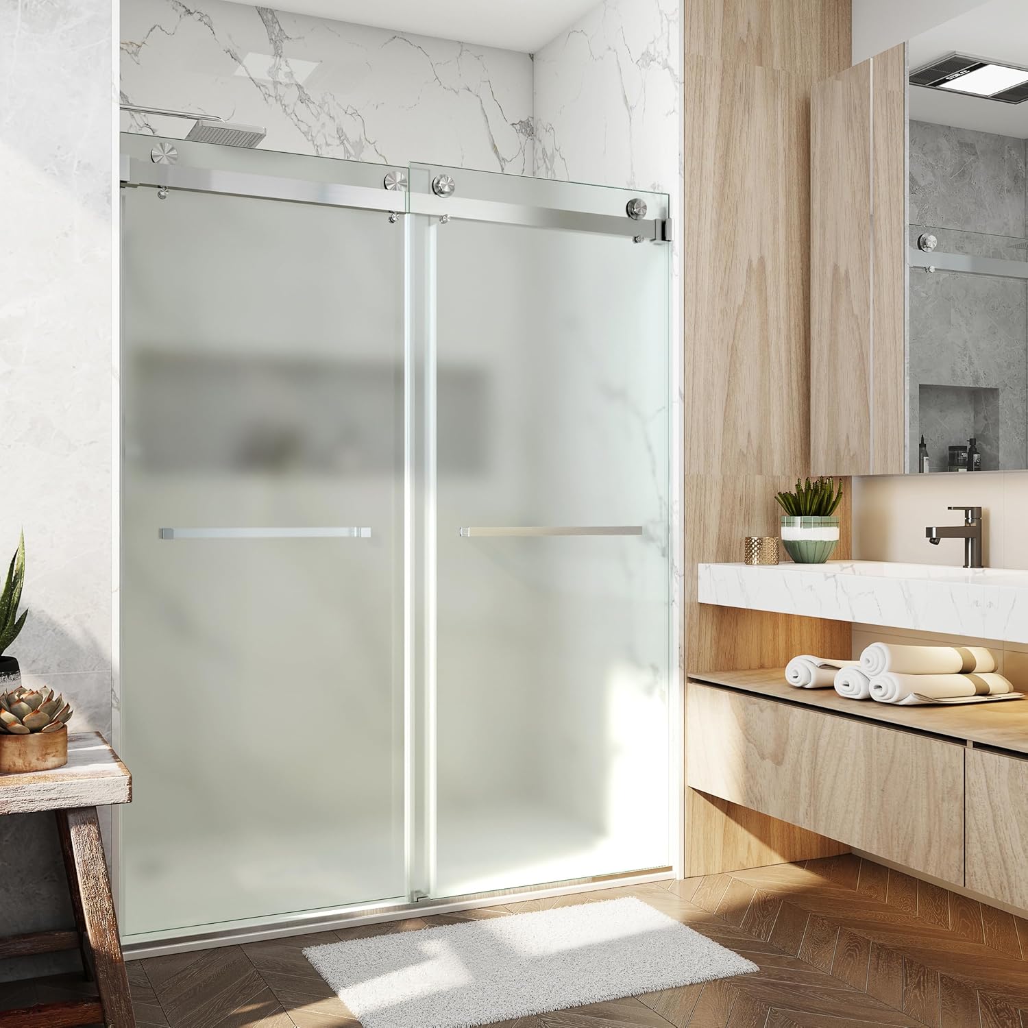 Frosted Shower Doors 56-60" W x 76" Double Sliding 3/8"(10mm) Frameless Tempered Glass with Towel Bar Handle Stainless Steel Hardware (Brushed Nickel)