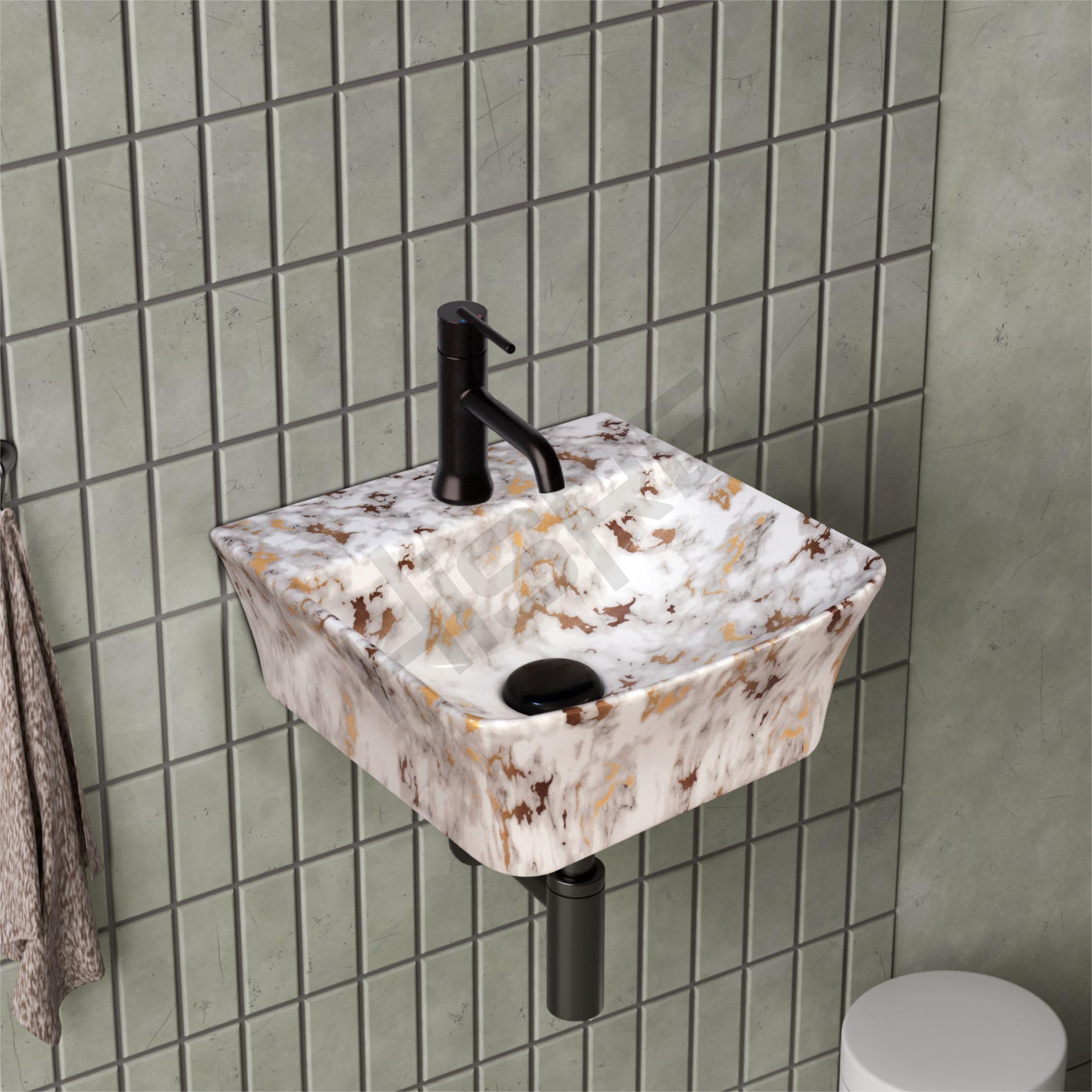 HISRE Wall Mount Wash Basin 13"x13"x5" | White with Grey Golden Marble Finish Ceramic Sink | Modern Rectangular Bathroom Basin for Home, Office & Hotels, photo 1 of 5