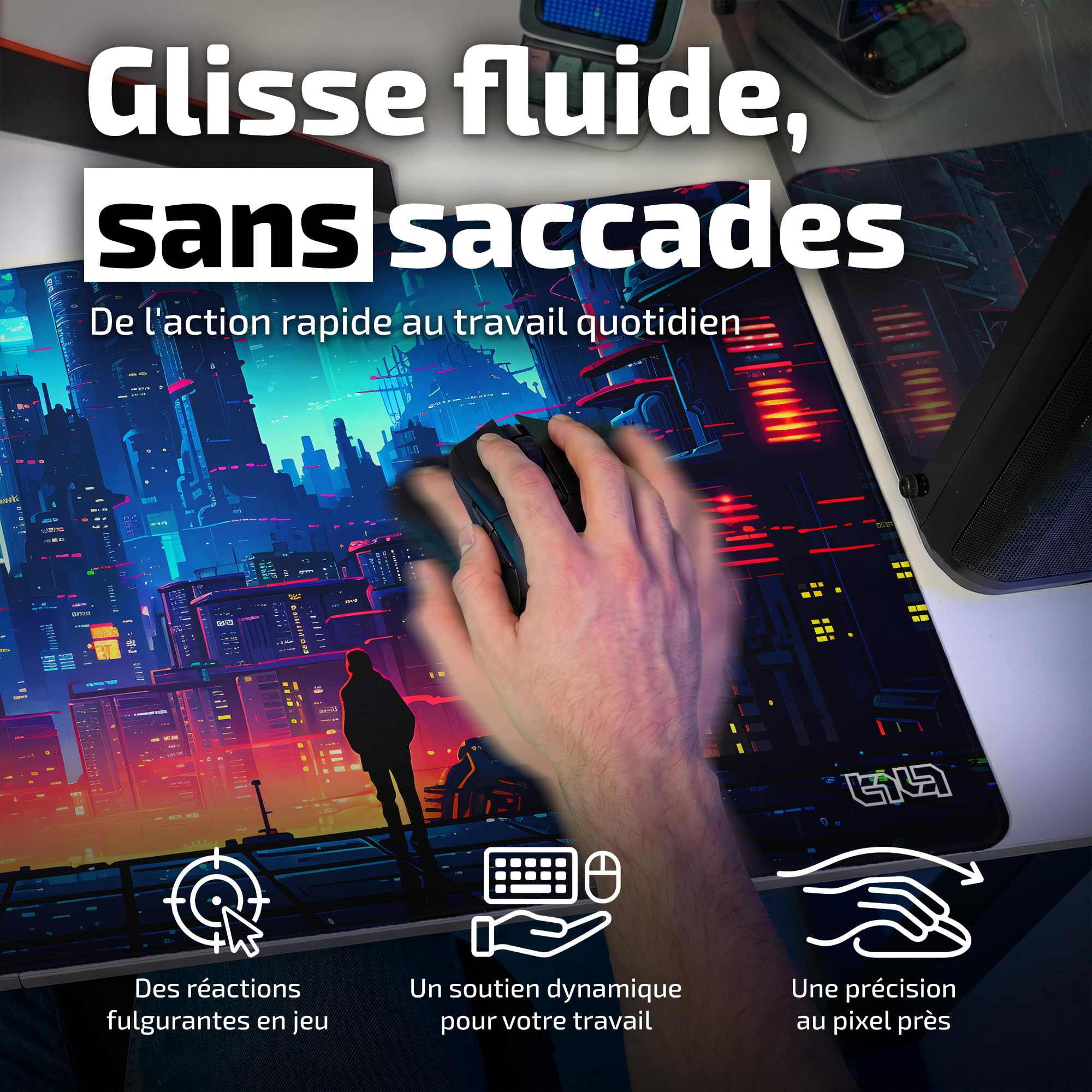 Tilt Grand Tapis de Souris Gamer XXL 90x40 cm | Tapis de Bureau Gaming Anti-Dérapant | Mouse Pad Imperméable pour PC et Accessoires Gaming | Tapis de Clavier (Retro Cyberpunk)