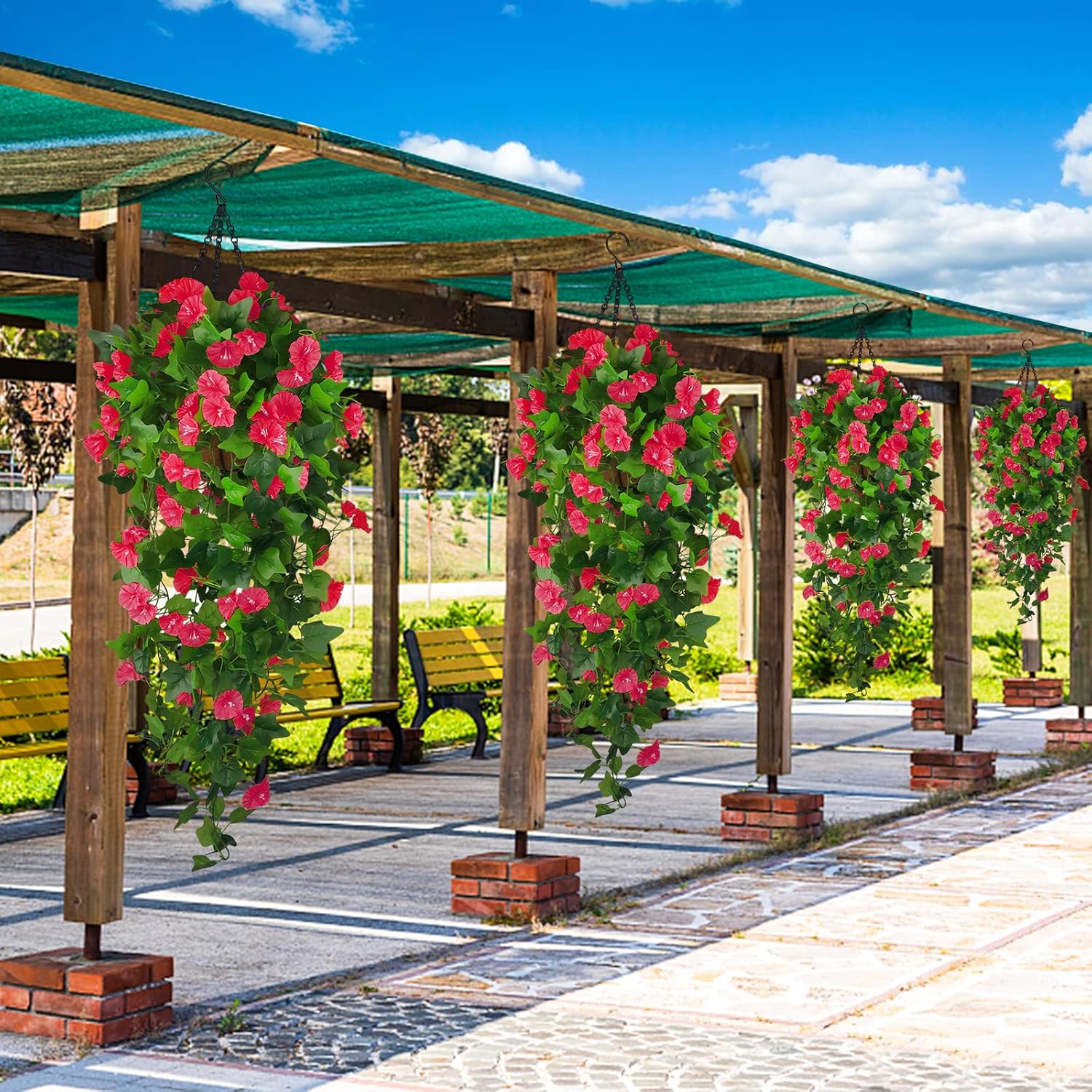 Artificial Fake Hanging Flowers Plants Basket for Spring Outdoor Outside Decoration, UV Resistant Faux Plastic Fabric Flower Morning Glory Wisteria Petunia for Garden Porch Patio Balcony Yard Decor