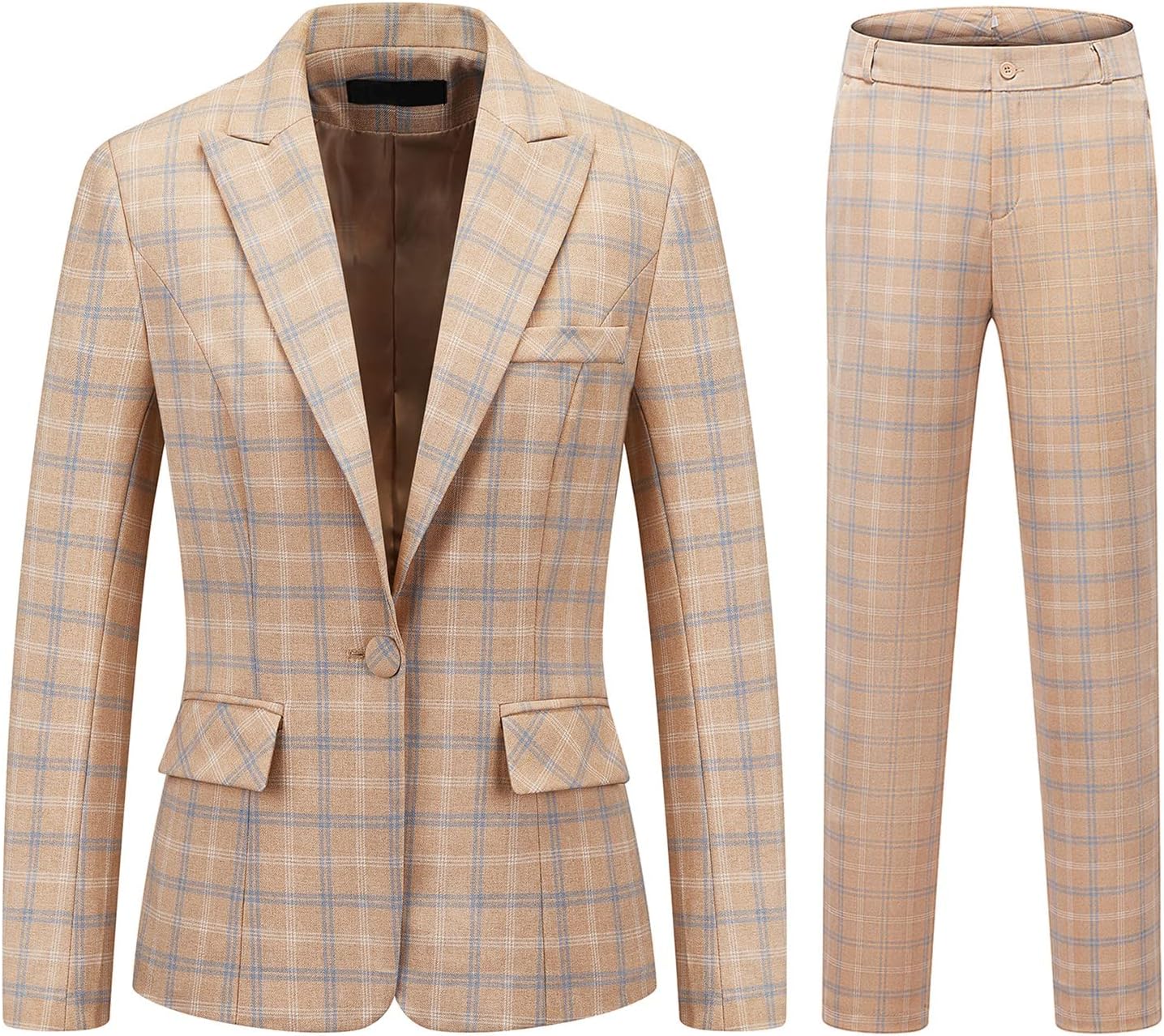 Womens 2 Piece Plaid Suits Set Business Office One Button Blazer Jacket Casual Long Sleeve Pant Suit Set