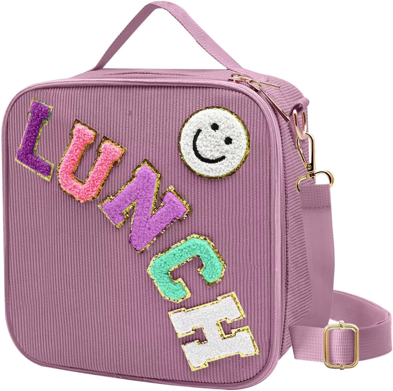 Insulated Lunch Bag With Adjustable Shoulder Strap, Cute Corduroy Preppy Lunch Box Large Insulated Lunch Bag Reusable Lunch Tote Bag (Purple)