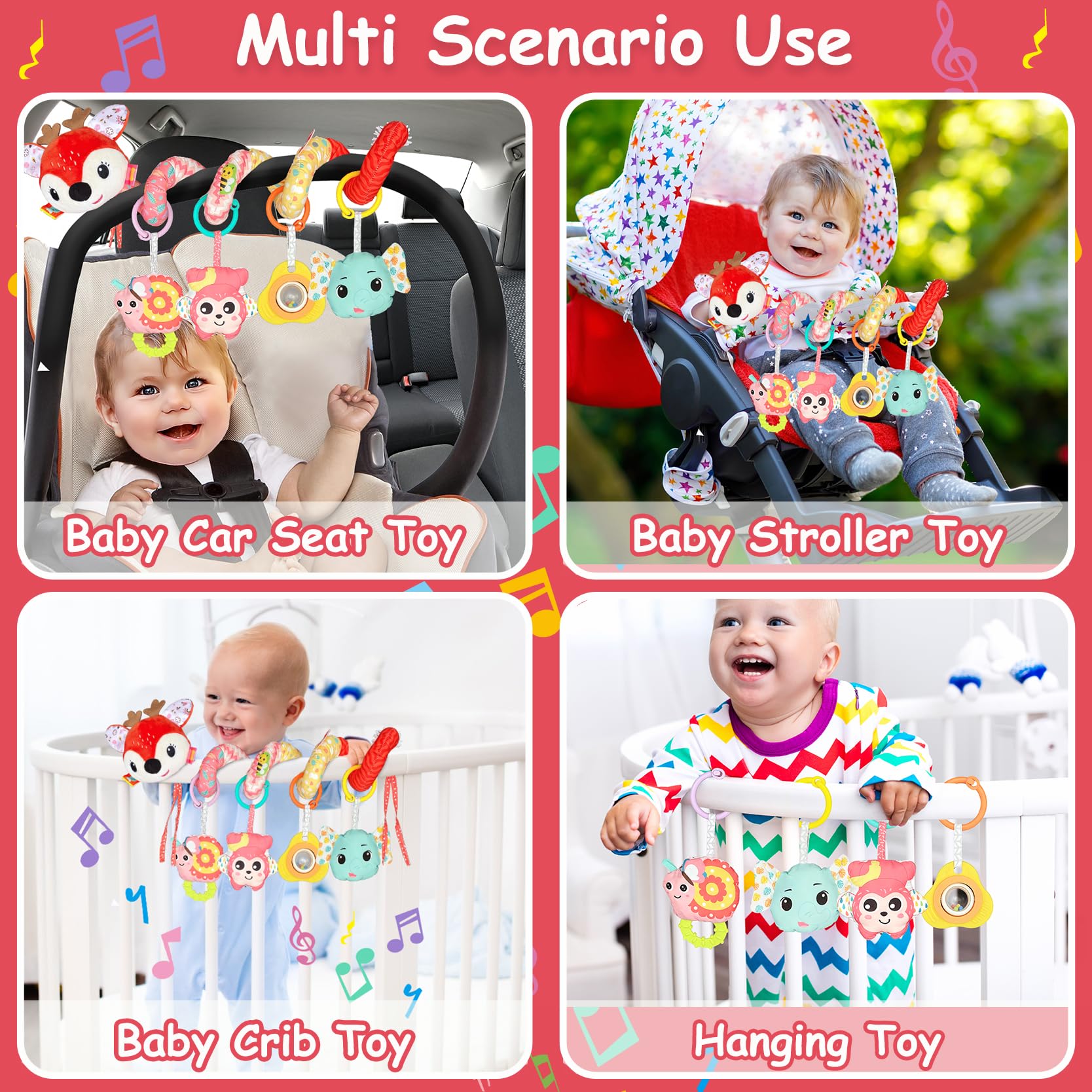 Spirale Passeggino Neonato Giochi 0-3 Mesi, Neonato Accessori Utili, Sonaglio Giochi Passeggino con Musicali, Regali per Neonati per Bambini da 6 a 12 Mesi, Peluche Cervo