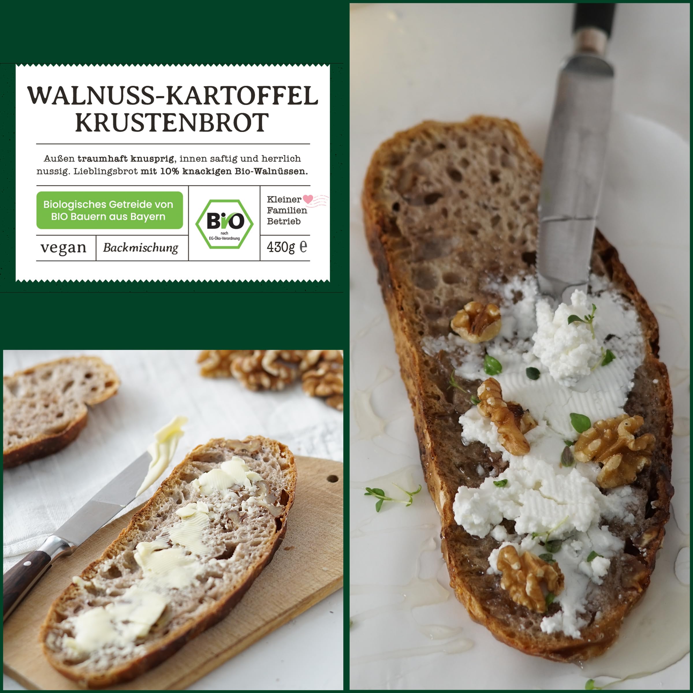 Bio Brotbackmischung Walnussbrot - Kartoffelbrot mit Weizen, Roggen & Walnüssen - Brotbackmischung für Brotbackautomat & Ofen - Brot selber backen - Bake with Love - 10er Pack