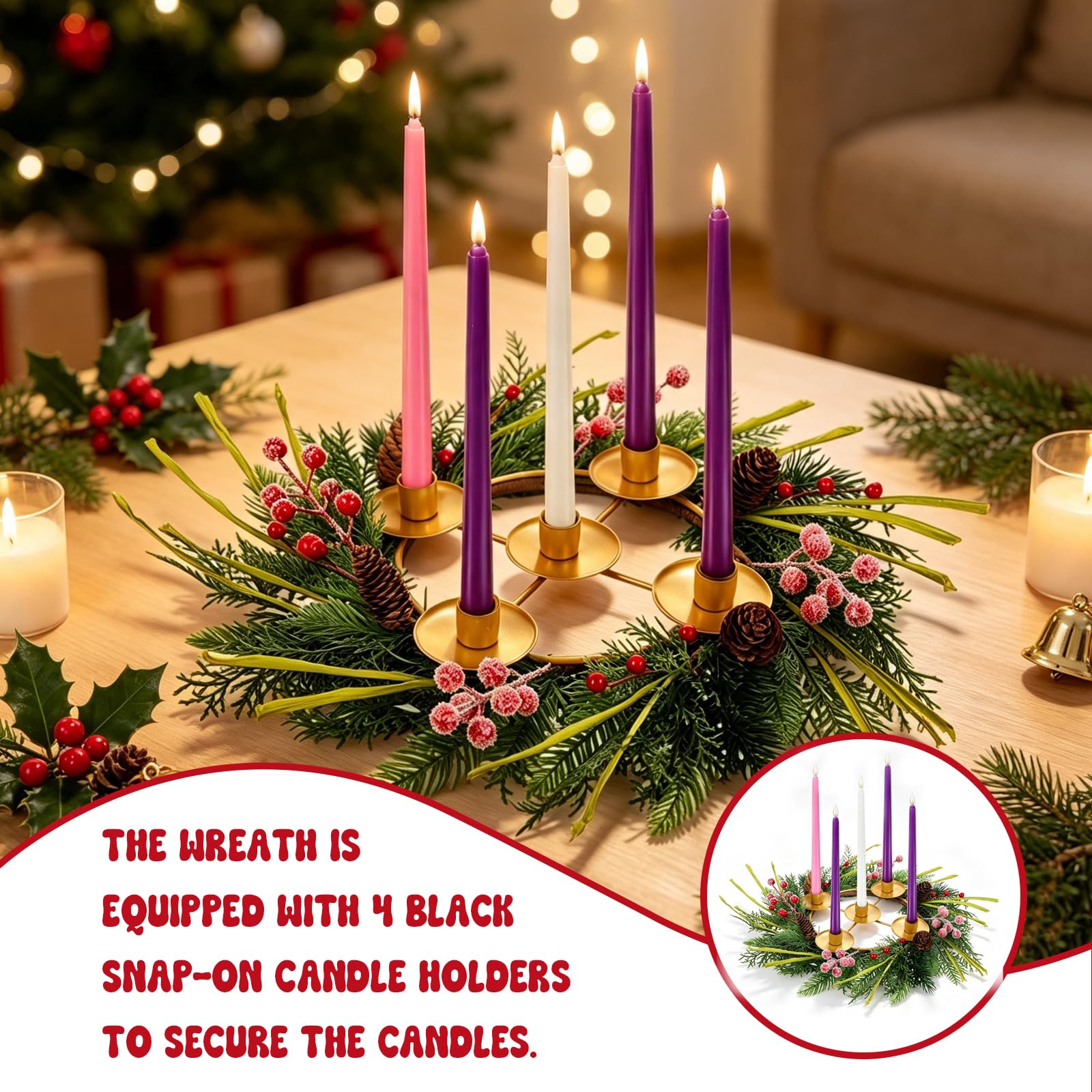 Lot de 6 couronnes de l'Avent de Noël avec 5 bougies artificielles sans