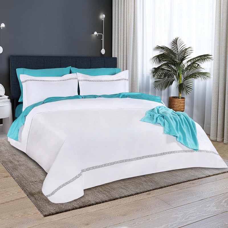 Superior Egyptian Cotton Duvet Cover Set, 1000 Thread Count, Hidden Button, Bedding Basics, 1 Duvet Cover, 2 Pillow Shams, Solid, Infinity Scroll Embroidery, King/California King, White-Charcoal
