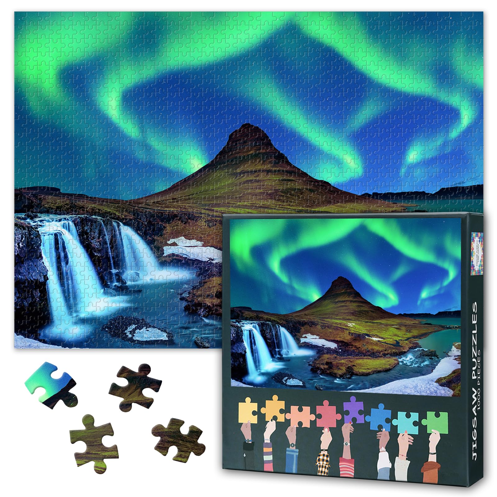 1000 Piece Puzzle for Adults, Iceland Landscape with Northern Lights Aurora Borealis over Snow-Capped Mountains