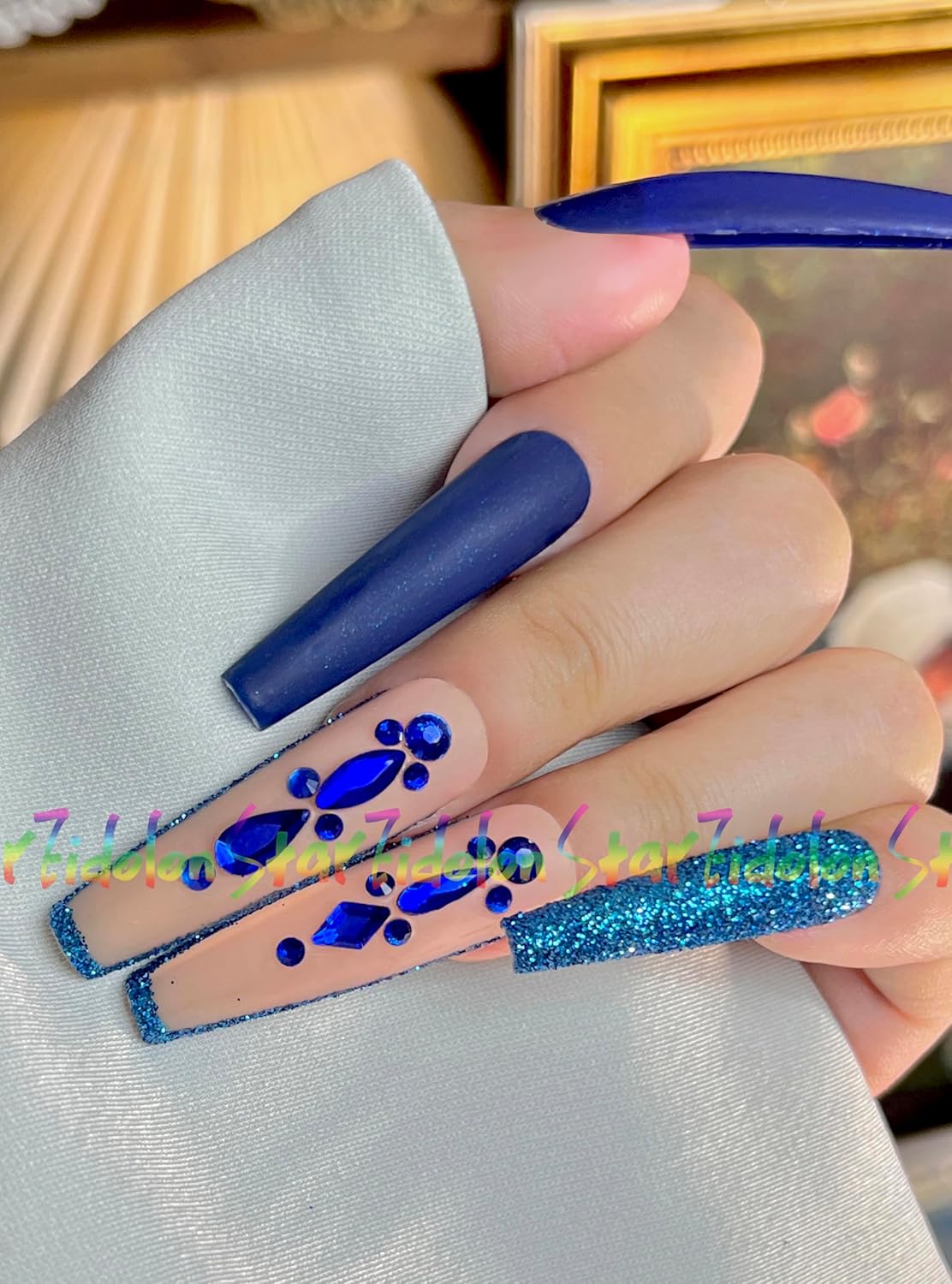 HAND-PAINTED French Tips Press on Nails Medium Length Artificial Nails Short Stick on Nails Coffin Press Ons Acrylic Powder Long Square Fake Nail Set Almond Finger Nail Kit Girls (A25, S)