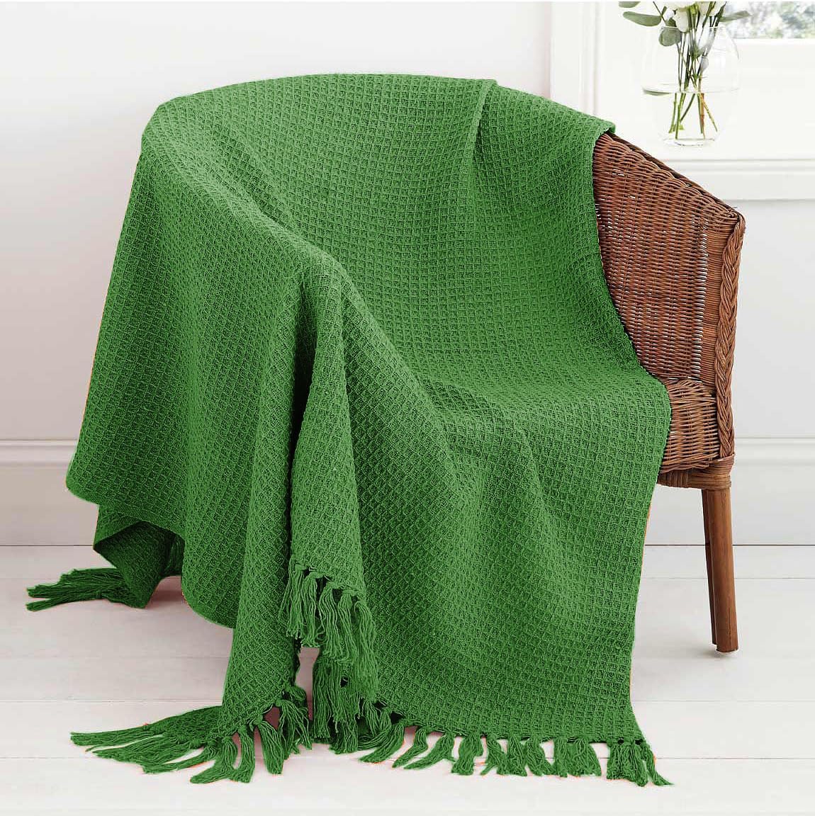 Mehar Bedding 100% Cotton Woven Honeycomb Plain Waffle Textured Chair Sofa Setee Bed Throw Tasselled Edge (FOREST GREEN, King (259cms x 259cms)) โ image 1