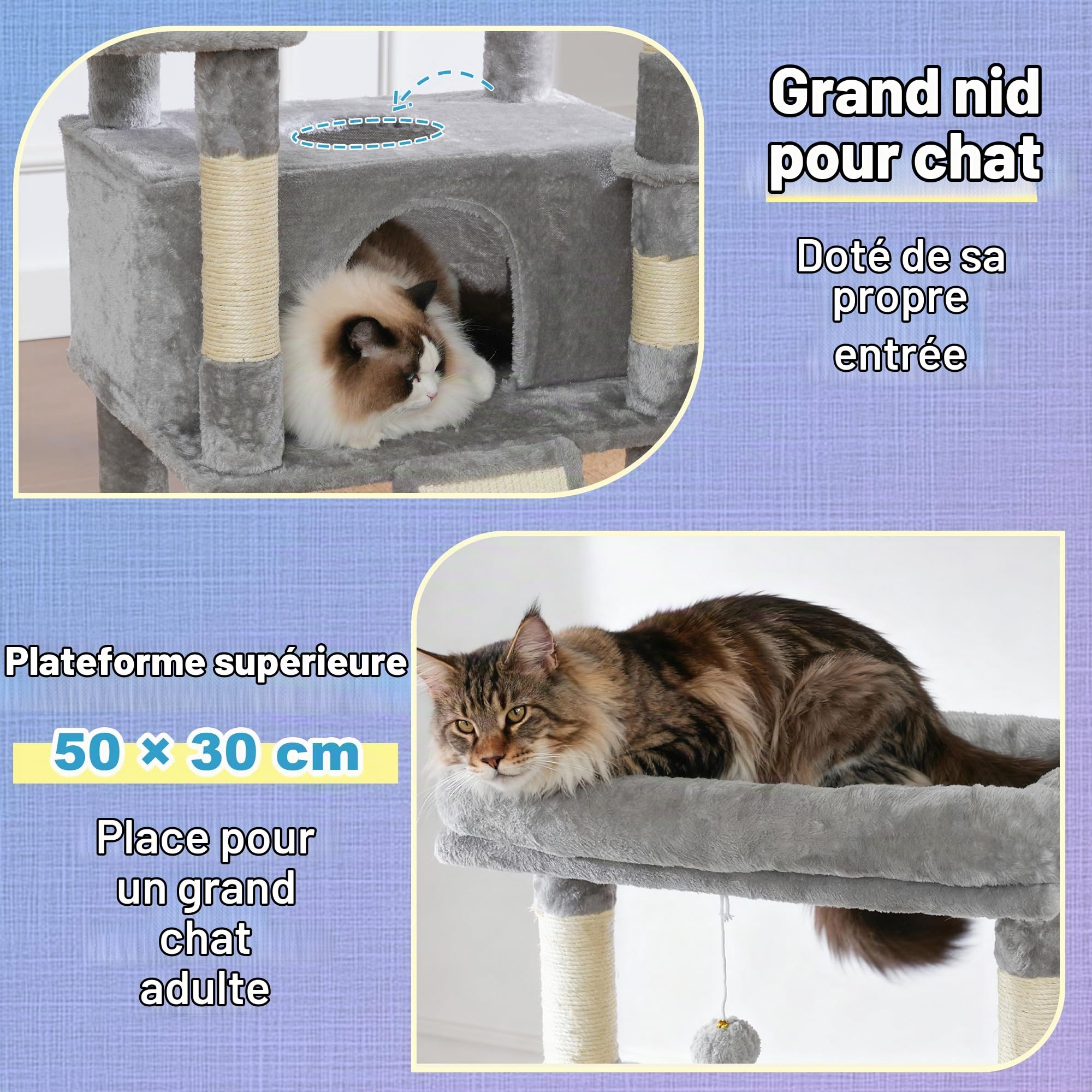 Hey-brother Arbre à Chat Stable 182 cm pour Grands Chats Adultes, MPJ080W | Grand Tour de jeu chat avec 2 grandes plateformes, 3 hamacs, grotte, griffoir sisal 2-en-1, balle peluche, Gris Clair
