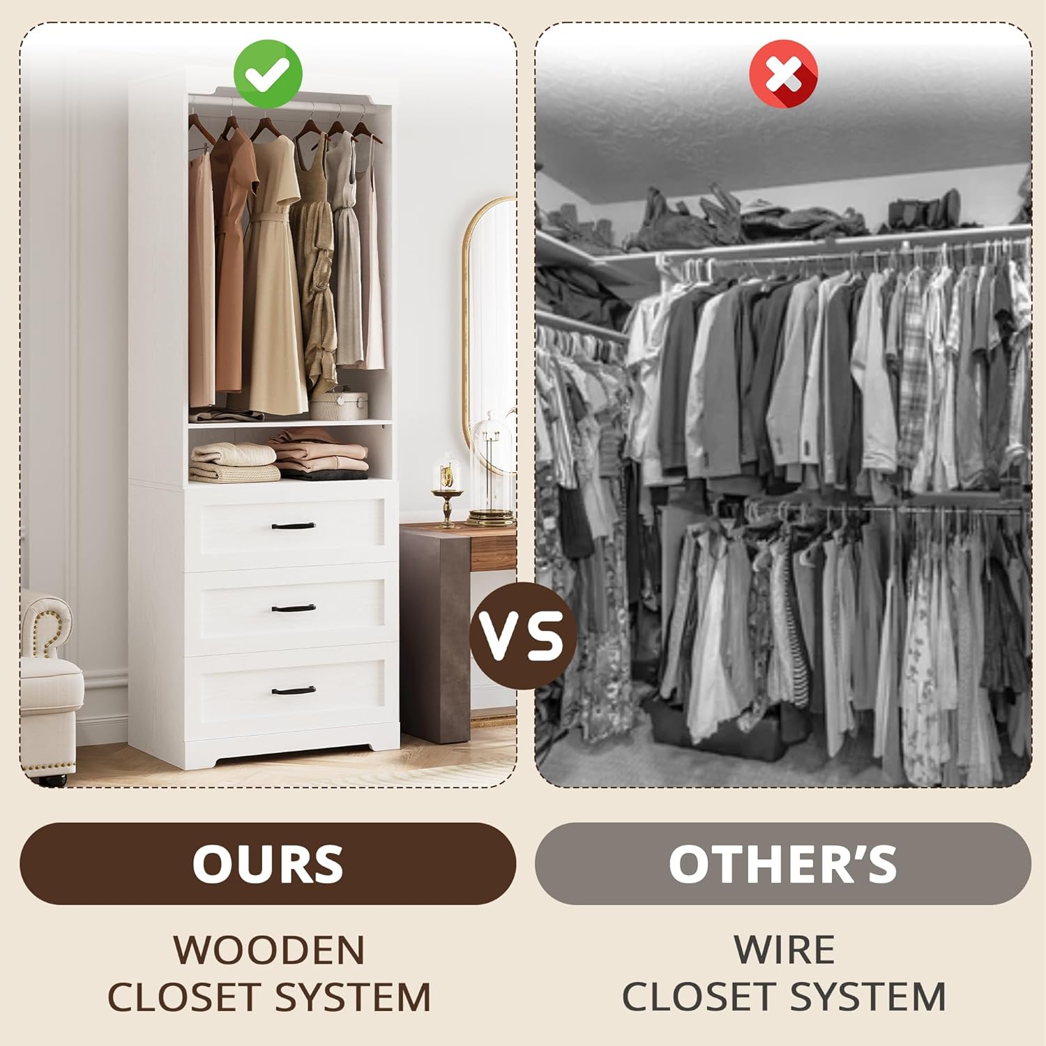 IRONCK Freestanding Closet System with 3 Wood Drawers, Modern Armoire Wardrobe with Adjustable Shelves & Hanging Rod, Walk-in Closet Systems Organizer for Small Closet, White