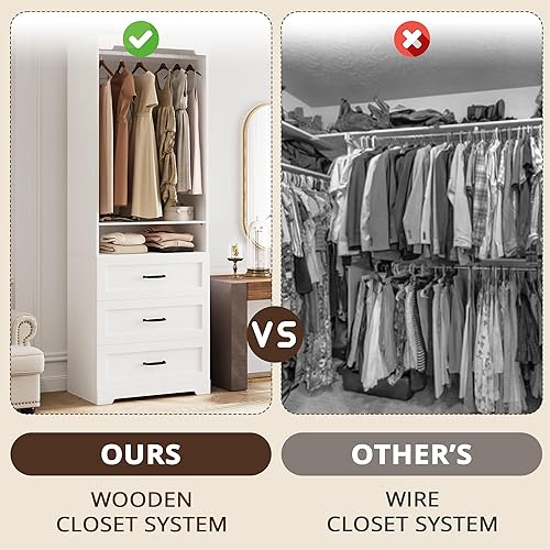 Miniatura 7 de IRONCK Sistema de armario independiente con 3 cajones de madera, armario moderno con estantes ajustables y barra para colgar, organizador de