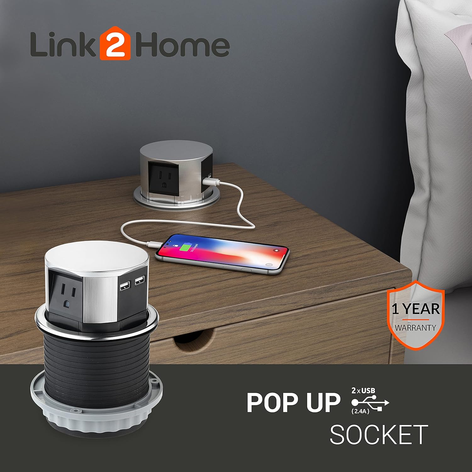 Pop-Up Socket with a phone charging via USB on a bedside table