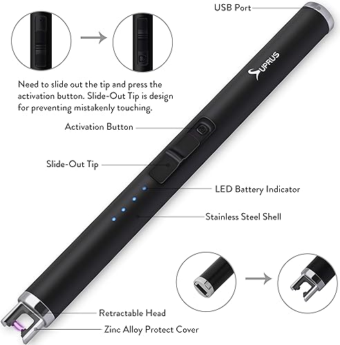 Miniatura 2 de Encendedor de arco de vela SUPRUS USB de 689pulgadas recargable sin llama resistente al viento Paquete de 1 Negro