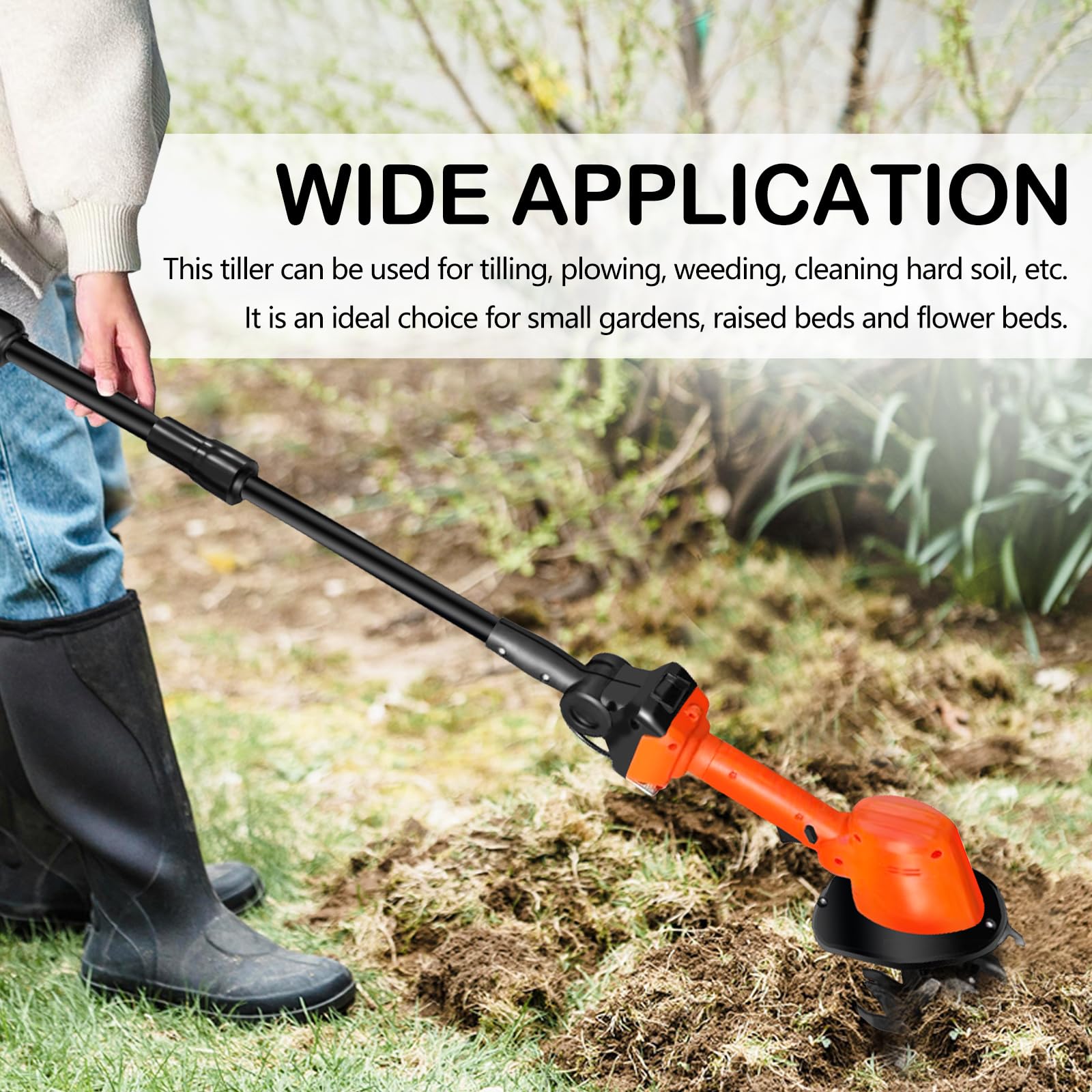 Motoazada Bateria, 21V Motocultor Electrico con 2 Baterías 3000mAh y 1,3m Mango Azadas para el Huerto con 4 Cuchillas de Metal 10cm Ancho de Trabajo 10cm Profundidad de Trabajo 235rpm Velocidad