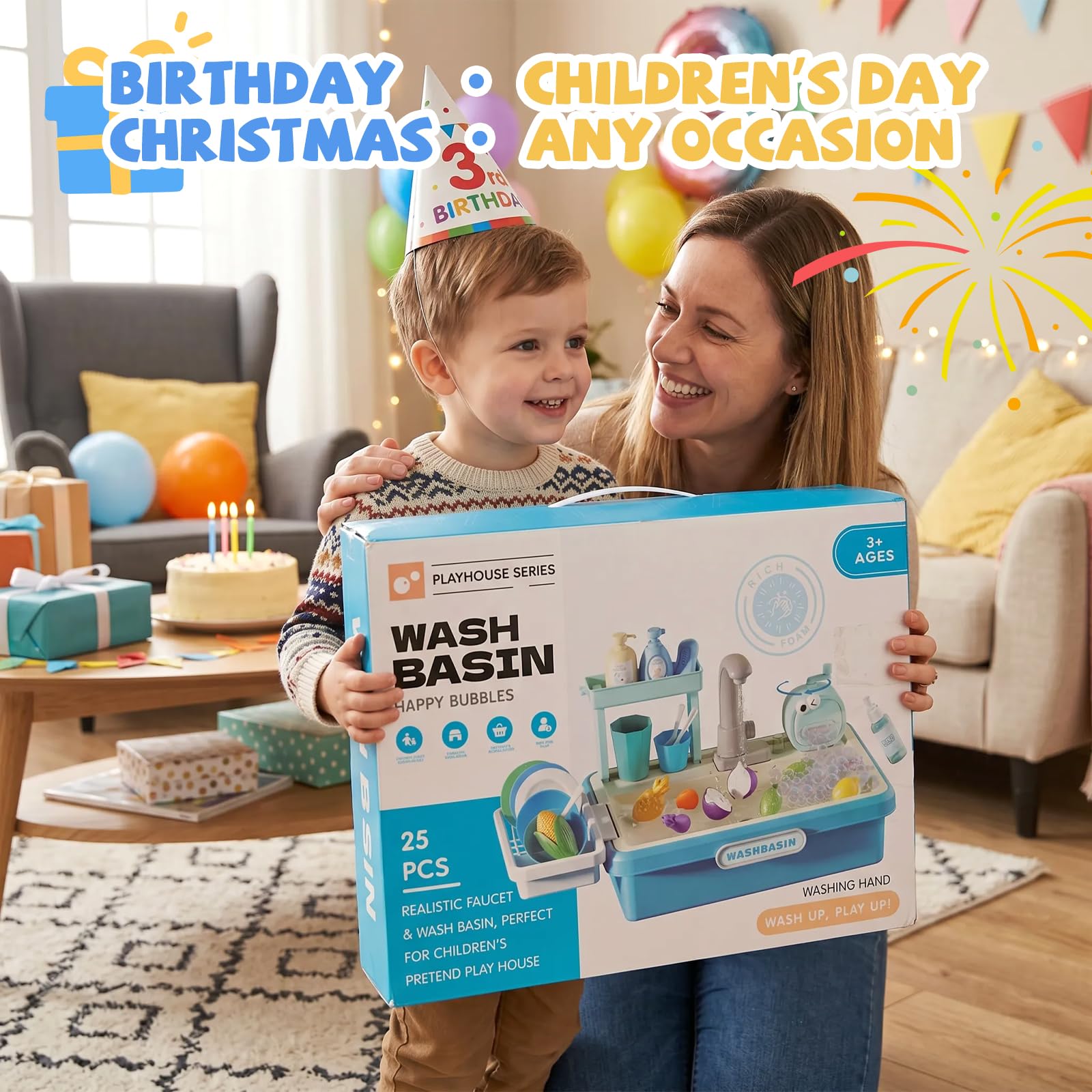 Lavello per bambini con circuito acqua, cucina esterna per bambini, macchina per bolle, verdure in plastica rimovibili, 25 pezzi per ragazzi e ragazze (blu)
