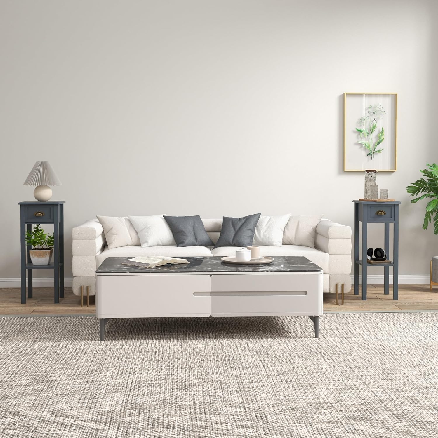 HOMCOM Narrow End Table with Drawer and Bottom Shelf, Slim Side Table for Small Spaces, Skinny Modern Accent Desk for Living Room, Set of 2, Gray