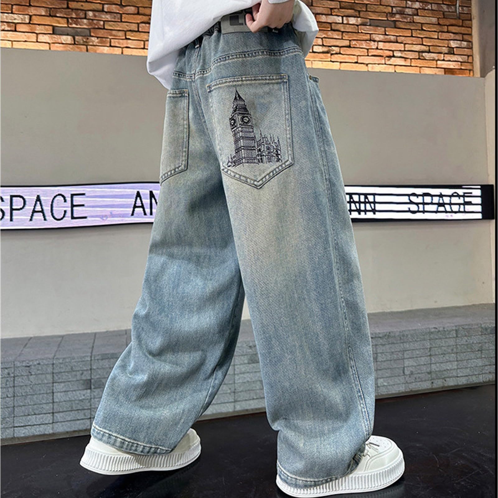 Générique Pantalons en Denim Jean Baggy Garçon Printemps Automne Enfants Slim Fit Tapered Jeans Garcon Pantalon Noir École Loisirs Été Chat Pâques Années 90 Hip Hop Streetwear Cadeau