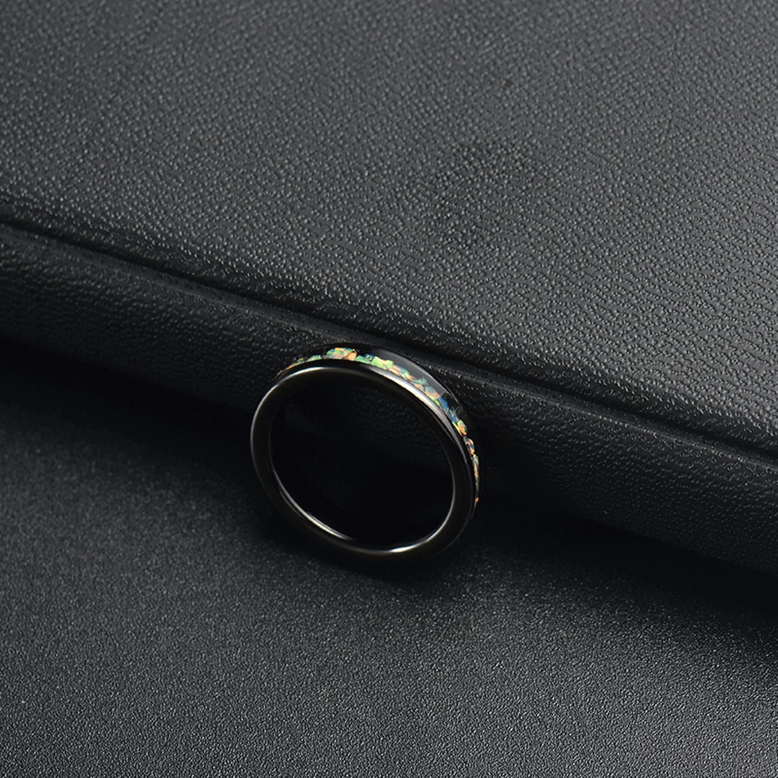Gualiy Anillo de boda de acero inoxidable, ajuste cómodo, anillos de compromiso, anillos de matrimonio de 4 mm, anillo negro incrustado de concha colorida para mujeres L 1/2 + hombres P 1/2, Women L