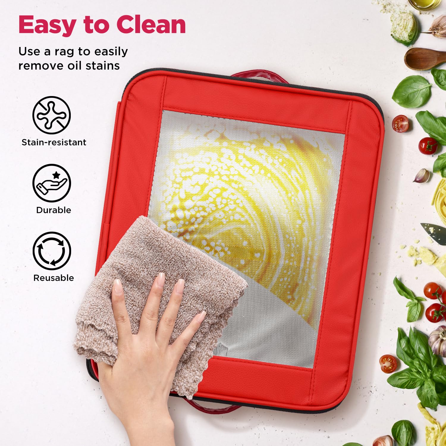 OUTXE Confezione da 2 contenitori per padelle in alluminio da 22,9 x 33 cm, con coperchio, in pelle PU con manico, vassoio da portata per alimenti, impilabile, in alluminio, per viaggi, potlucks