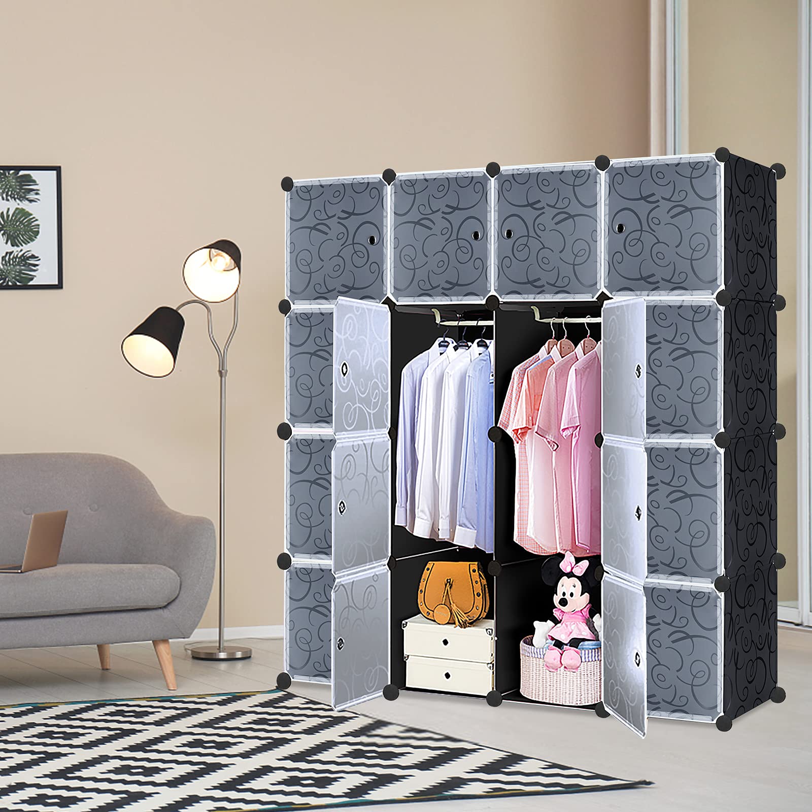 HENGMEI Sistema de Almacenamiento DIY para Baño, Zapatero, Estantería Con Diseño Negro (16 Cajas Con Puerta)