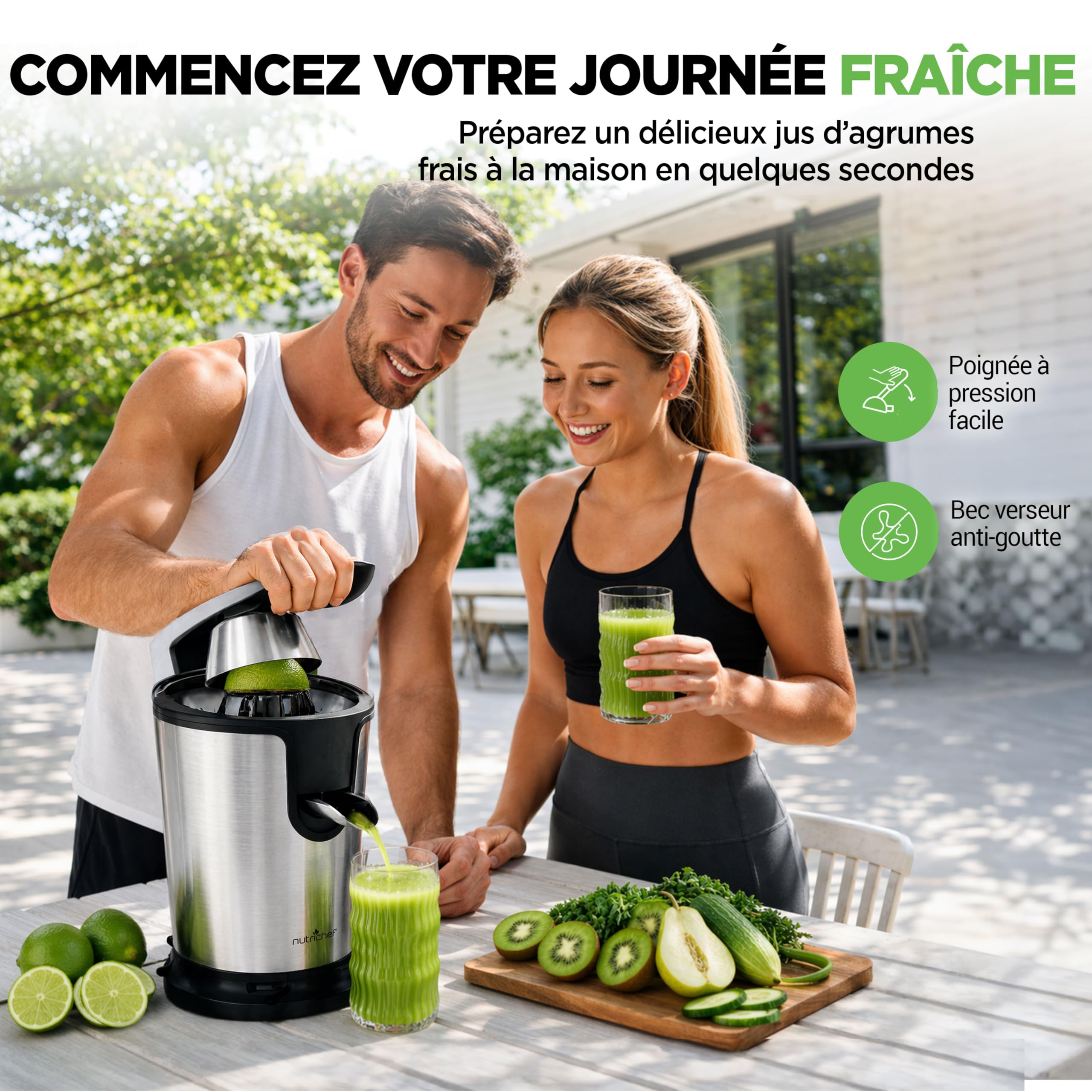 NutriChef Presse-Agrumes Électrique en Acier Inoxydable – Presse-Jus 160W, Presse-Agrumes & Machine à Jus – Facile à Nettoyer – Inclut Poignée & Cône pour Extraction Maximale de Jus