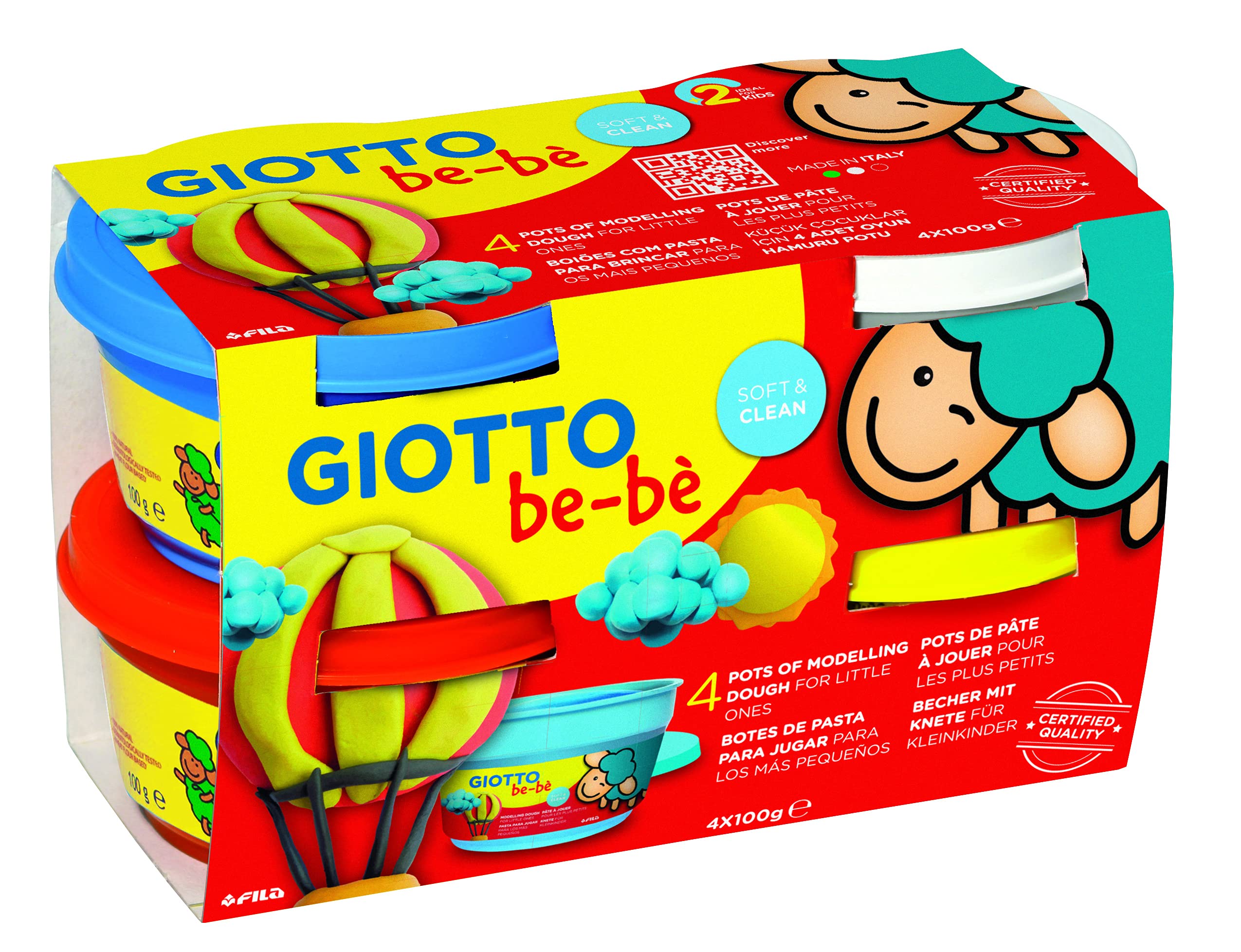 Giotto be-bè Pasta para Jugar, Azul/Blanco/Rojo/Amarillo, Set 4 x 100 g