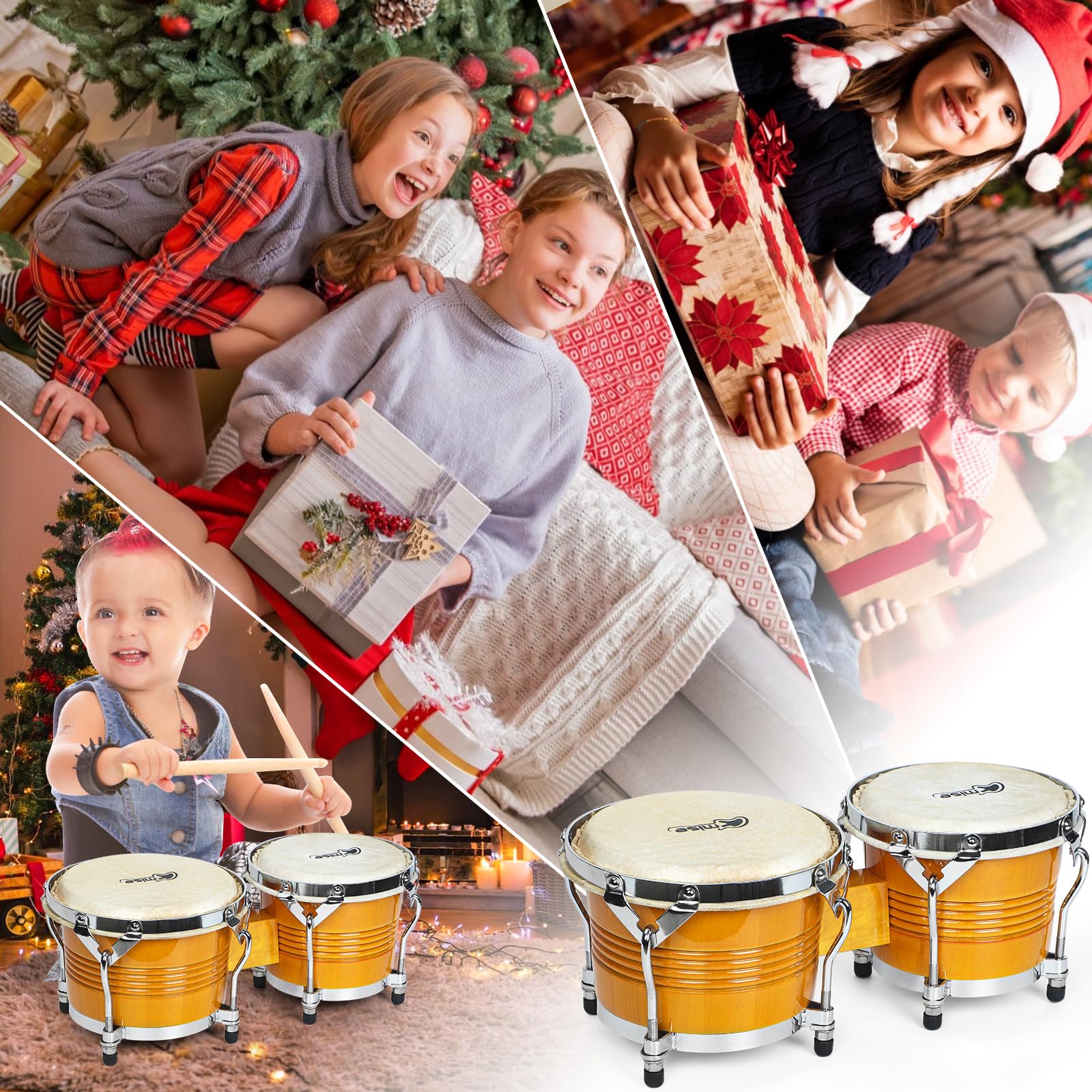 Bongo Drums 16,5 cm und 19,1 cm, Birke Percussion Instrument Bongos für Erwachsene Anfänger, Büffelhandtrommel mit Tragetasche und Stimmschlüssel für Bildung und Praxis