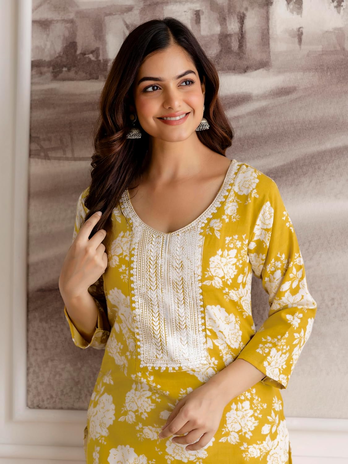 TRENDMALLS Women's Cotton Slub Magic Printed Kurta Pant Embroidery Neck Work Kurta Set (E66-Yellow-M)