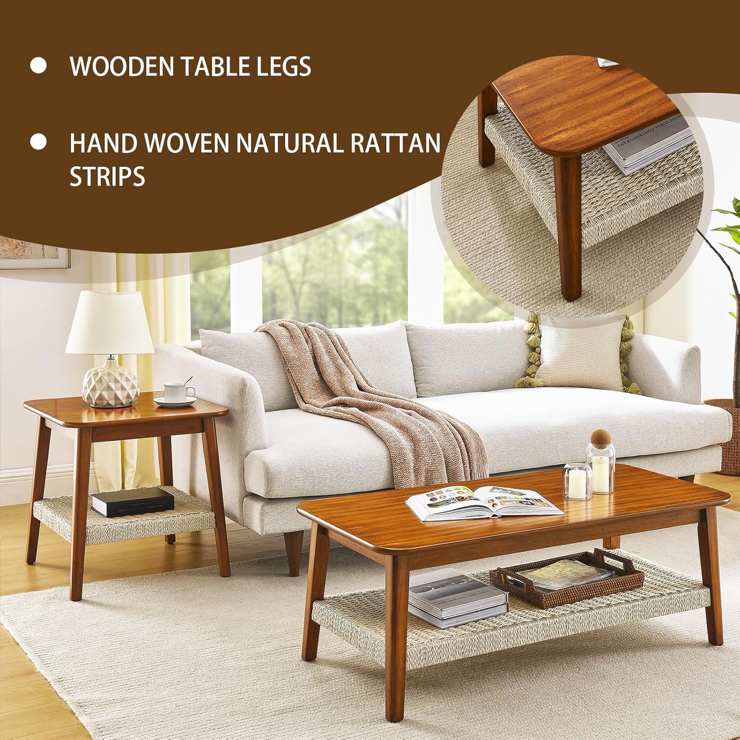 LKTART 47.25" Coffee Table for Living Room, Natural Handmade Rattan Solid Wood Coffee Table, Storage Rectangle Tea Table for Apartment Small Space