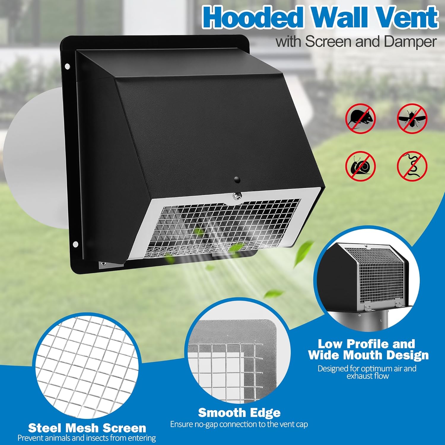 6 Inch Hooded Wall Vent with Screen and Damper, Outdoor Wall Exhaust Vent Cover for Kitchen Range Air Exhaust Hood Dryer Ventilation Outside No Noise, Galvanized Steel, Black